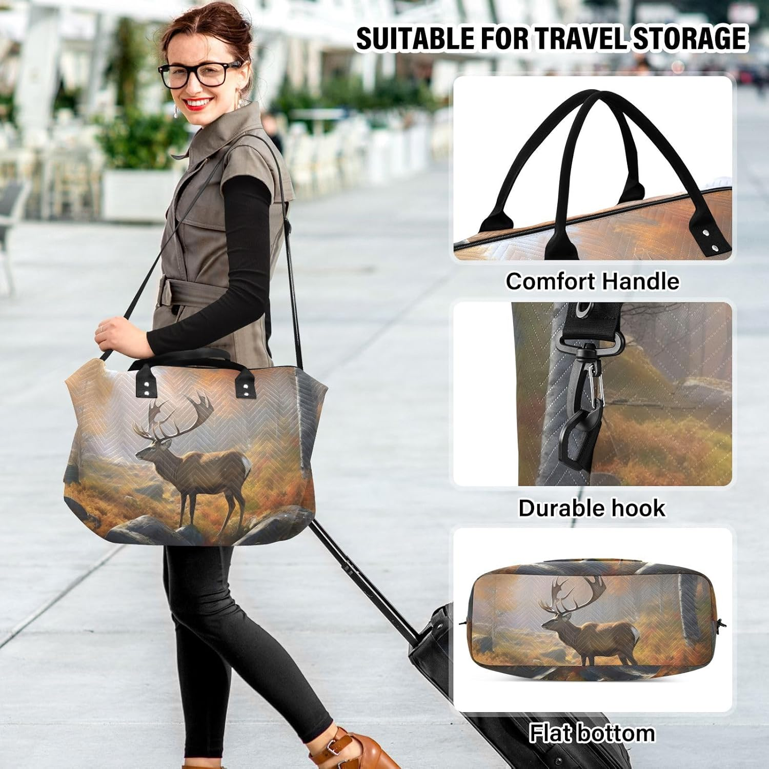 XYMZR Large Travel Duffel Bag, Moose on Rock Sports Tote Gym Bag, Shoulder Weekender Overnight Bag for Women Men, Carry on Luggage with Toiletry Bags, Multi-Colored, Multi-Colored image number 6