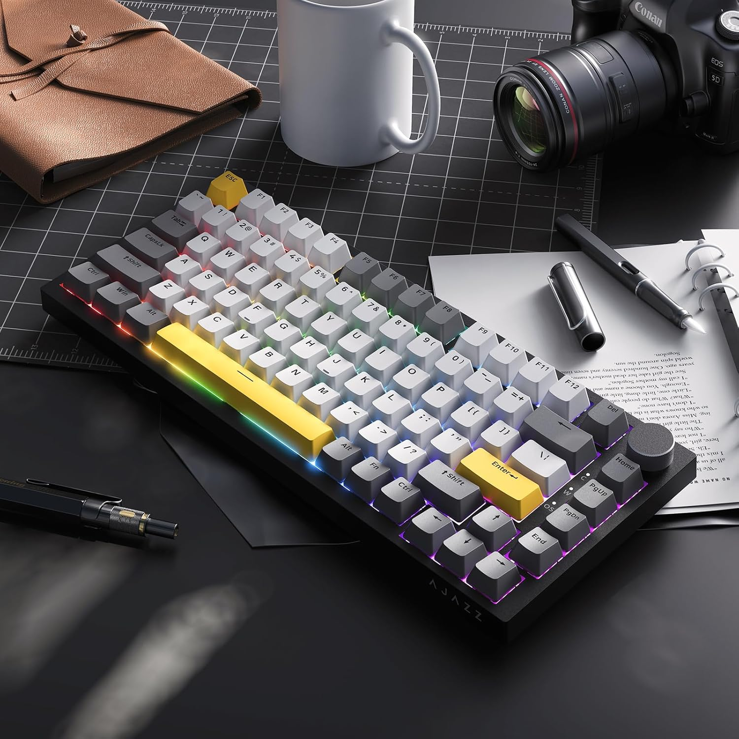 AJAZZ AK820 75% Wired RGB Gasket Mechanical Keyboard with Volume Knob, South Facing LED, 82 Keys, PBT Keycaps, Custom Programmable Hot-Swap Keyboard, Grey White Yellow image number 2