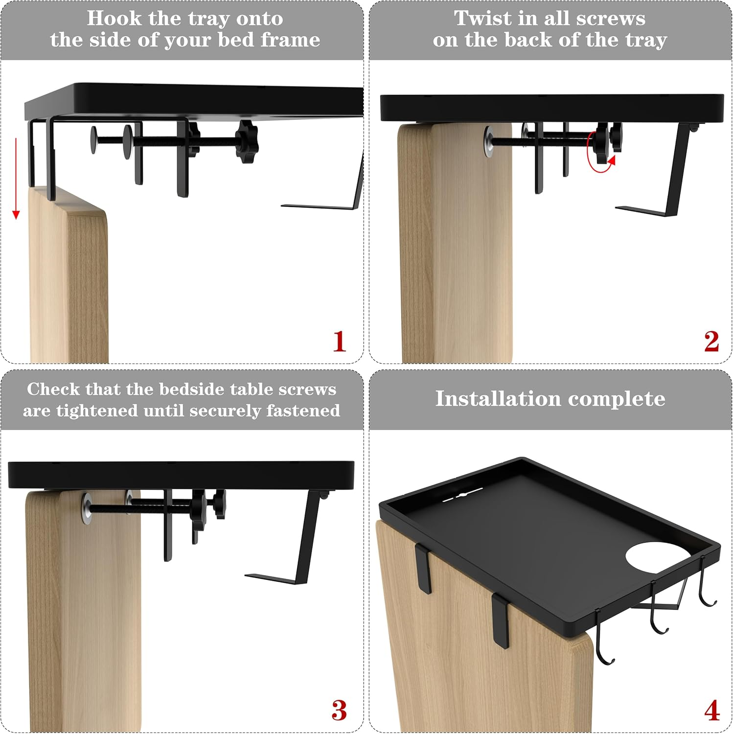 BEAUTME Bedside Shelf for Bed, Sofa Armrest Tray, College Dorm Room, Bunk Bed Shelf/Caddy Top Bunk, Clip on Tray Table for TV Dinners, Remotes, Drinks and Snacks, 38.1 * 25.4Cm, Black image number 3