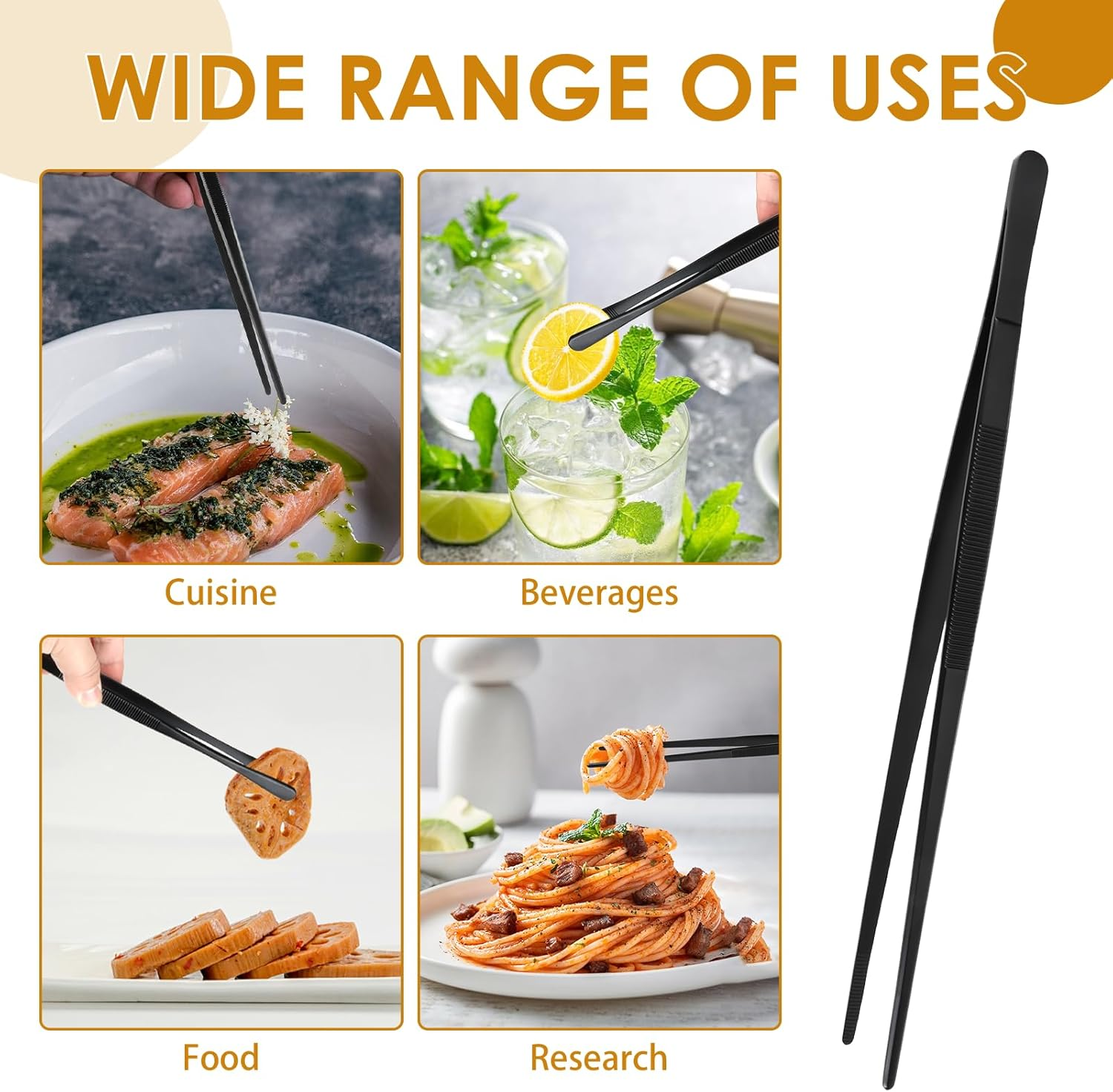 AIAOO 4-Pack Kitchen Tweezers Tongs, Black Stainless Steel Cooking Tweezers - 30Cm Straight/Round & 25Cm Straight/Round Heads, Non-Slip for BBQ, Culinary Use, Kitchen Tools & Gadgets image number 6