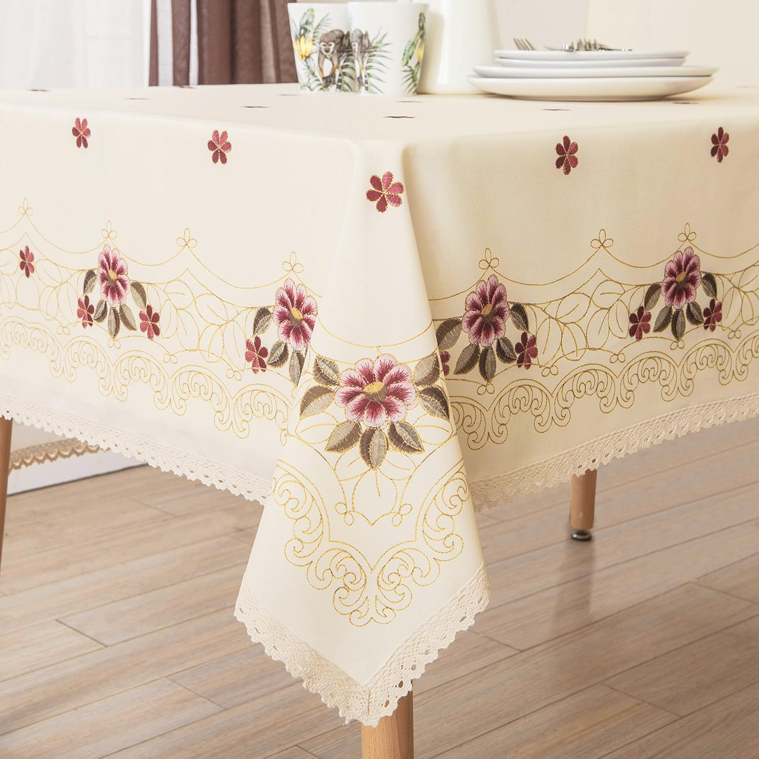 Decorative Red Floral Print Lace Water Resistant Tablecloth Wrinkle Free and Stain Resistant Fabric Tablecloths for Kitchen Room 60 Inch by 84 Inch image number 2