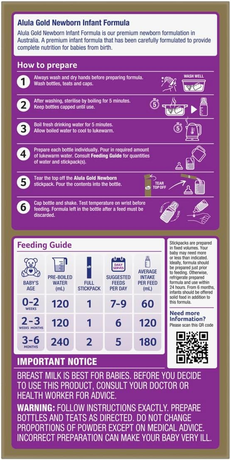 ALULA GOLD STAGE 1 NEWBORN INFANT FORMULA 0-6MTHS, STICKPACK 6 X 17 G image number 4