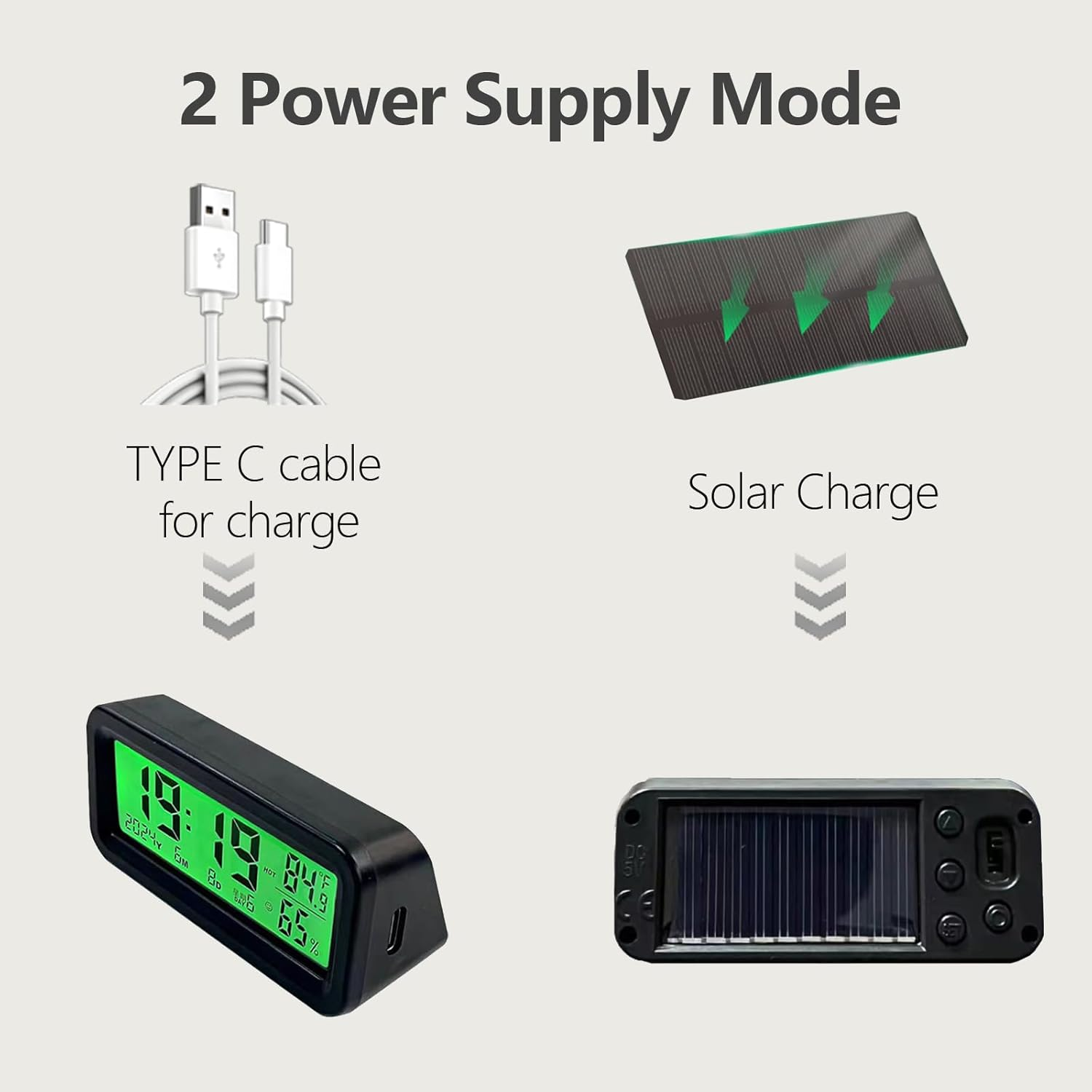 Dashboard Clock with Automatic Backlight at Night(Green & Blue), Temperature and Humidity Monitor, 12/24 Hour Format Time, Calendar, Solar Power and Type C Cable Charging for Car Truck image number 1