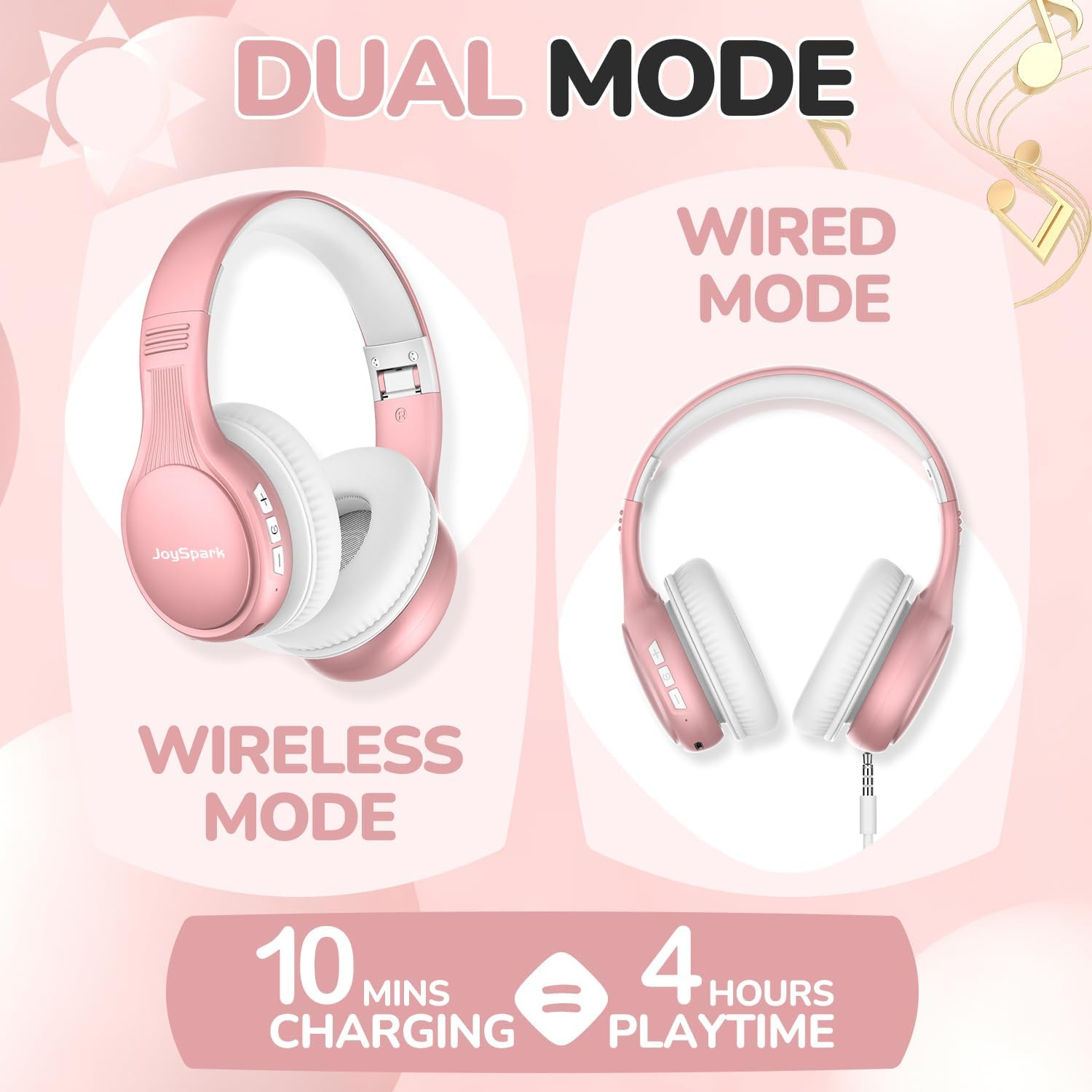 Joyspark Children'S Bluetooth Headphones, 60 Hours Playback Time, Bluetooth 5.4 Wireless Children'S Headphones, Type-C Quick Charge, 85/94 Db Volume Limit, Foldable Headphones Children with Microphone - Black Red image number 2