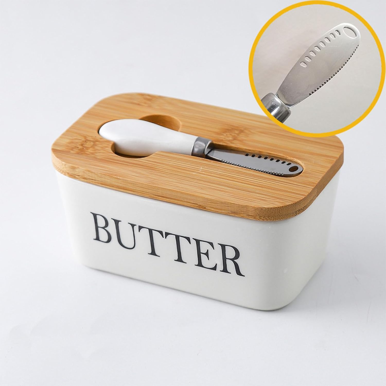 Xutong Butter Dish with Lid, Stainless Steel Butter Knife, Ceramic, Bamboo Lid, White image number 1