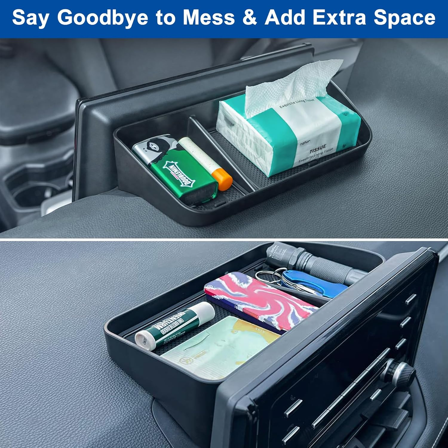 Car Dash Center Console Tray Compatible with 2019-2025 Toyota Rav4 8'' Screen, Dashboard Storage Organizer Tissue Sunglasses Holder for Phones, Keys & More, ABS Dash Storage Tray with Non-Slip Liners image number 3