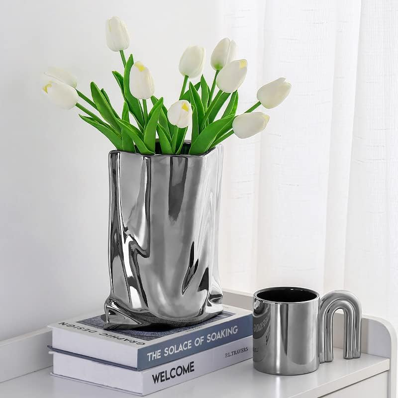 Sliver Ceramic Vase - 9.1 Inch Tall Flower Vase Minimalist Nordic Style for Home Decor, Centerpiece Vases for Wedding Dinner Table Party Living Room Office Bedroom image number 2