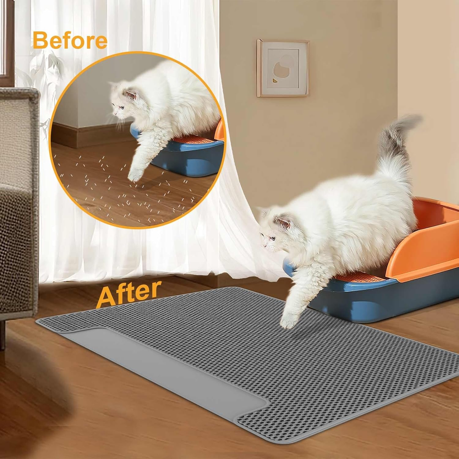 BREENHILL 70X58Cm Cat Litter Mat, Trapping Mat with Brush for Cat Litter Box Waterproof Easy Clean Double Layer Design Washable, Floor Protector-Xl-Grey image number 4