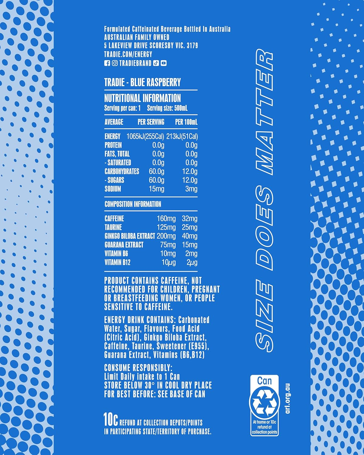 TRADIE Blue Raspberry Energy Drink 12 X 500Ml image number 1