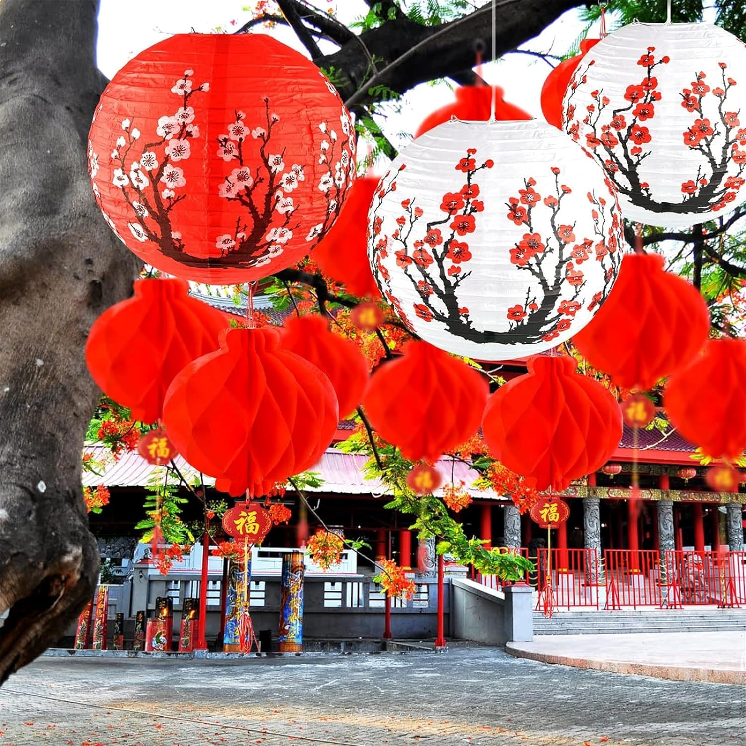 10PCS Chinese Japanese Cherry Blossom Paper Lanterns, 12 Inch 5PCS White Sakura Paper Lantern 5PCS Red Sakura Paper Lantern for Restaurant Home Wedding Party Decoration image number 5