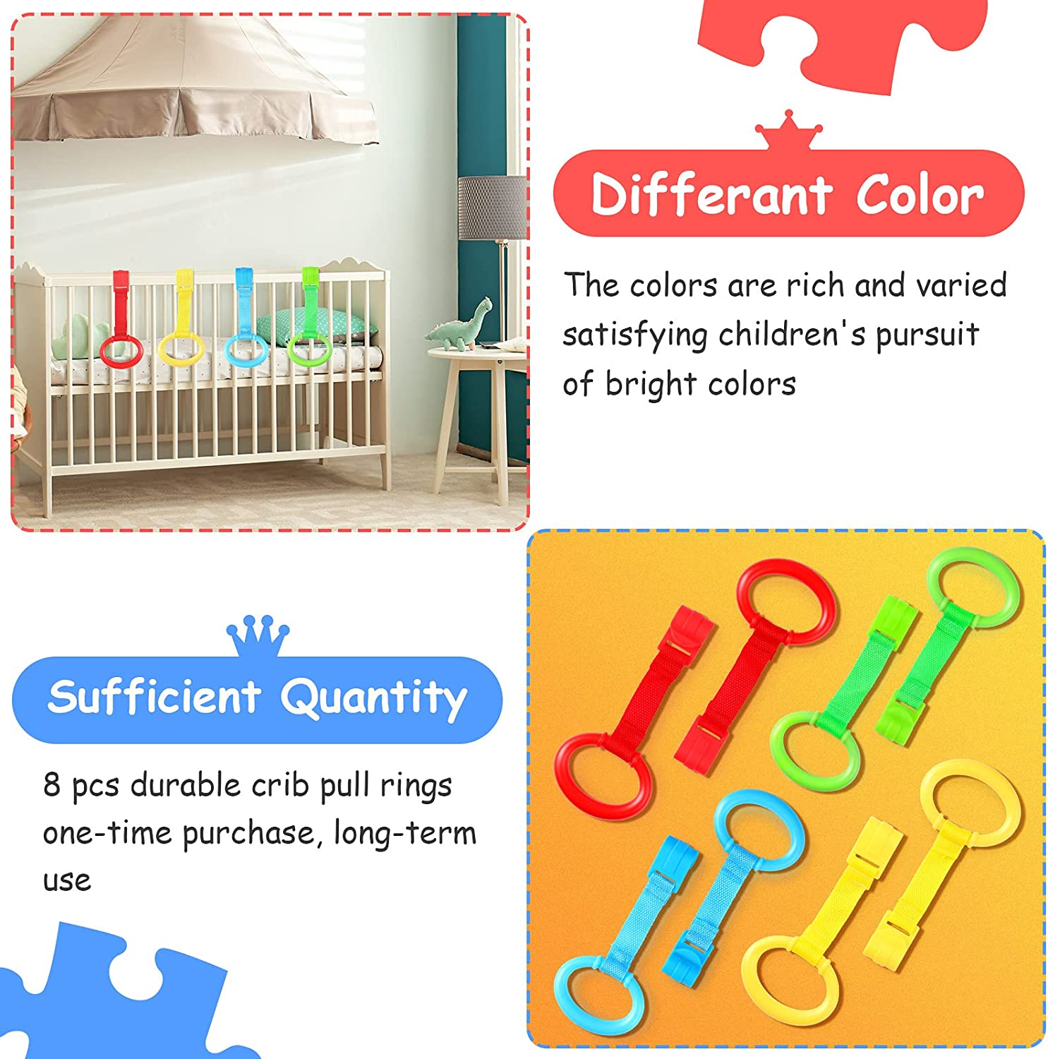 Sumind 8 Pieces Baby Pull up Rings for Playpen Baby Crib Pull Ring Baby Walking Exercises Assistant Bed Stand up Hanging Tool for Infant Toddler Practice image number 4