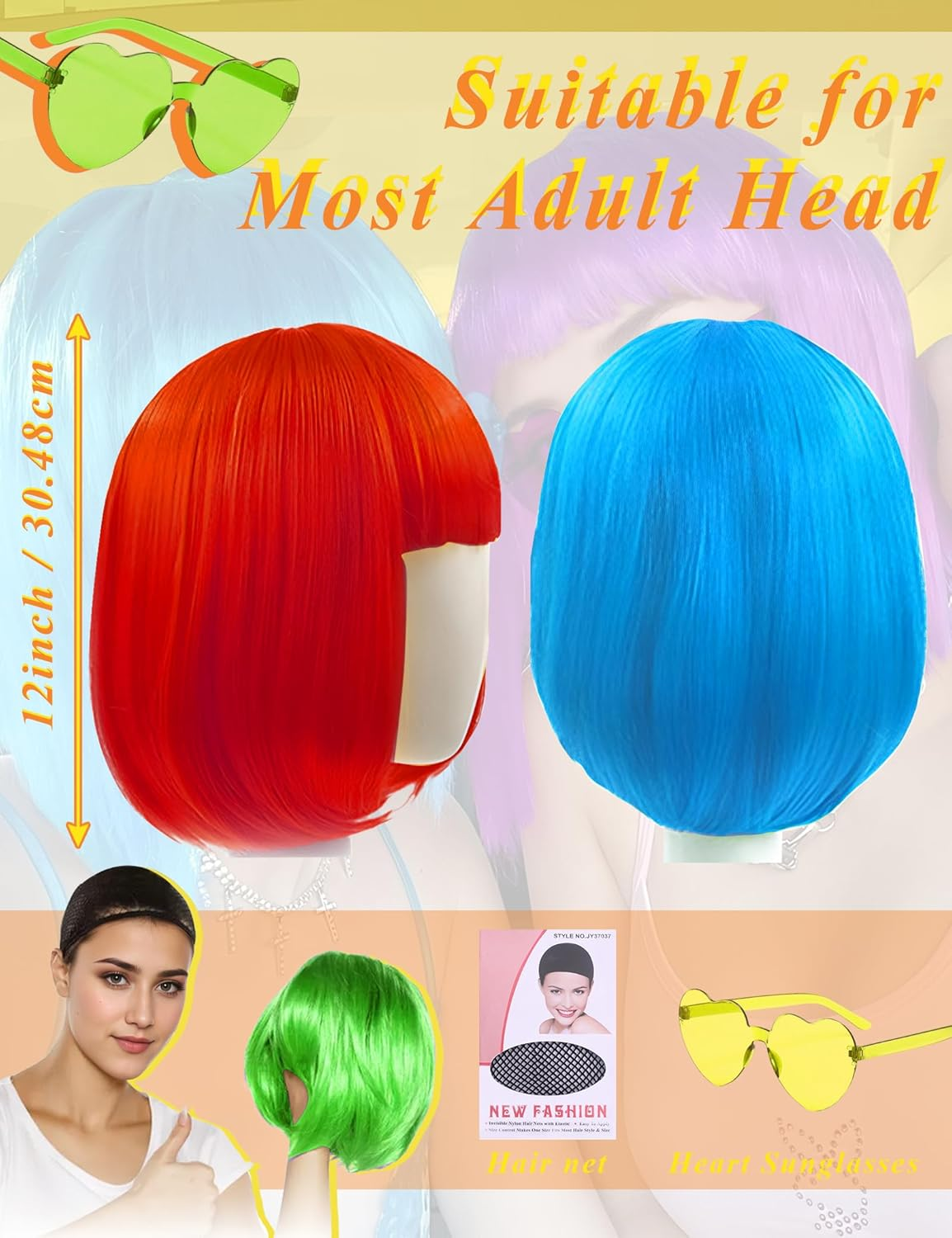 LOHO MAGICA 9 Pack Colored Wigs, Funky Colorful Wigs, Short Bob Hair Wigs, Neon Party Wig, Cosplay Wig with Rimless Heart Shape Sunglasses - One Size for All Women Adults Halloween Costume Night Club image number 2
