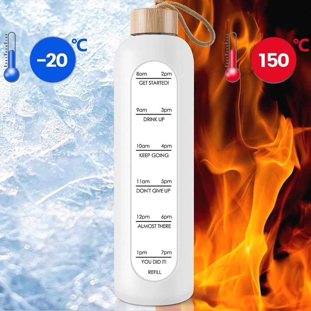 1000 ML Water Bottle, Time Marker Water Cup, Reusable Glass Tumbler, Motivational Water Bottles with Silicone Sleeve and Bamboo Lid, Drop Resistant Water Bottle for Gym Sports Outdoor image number 2