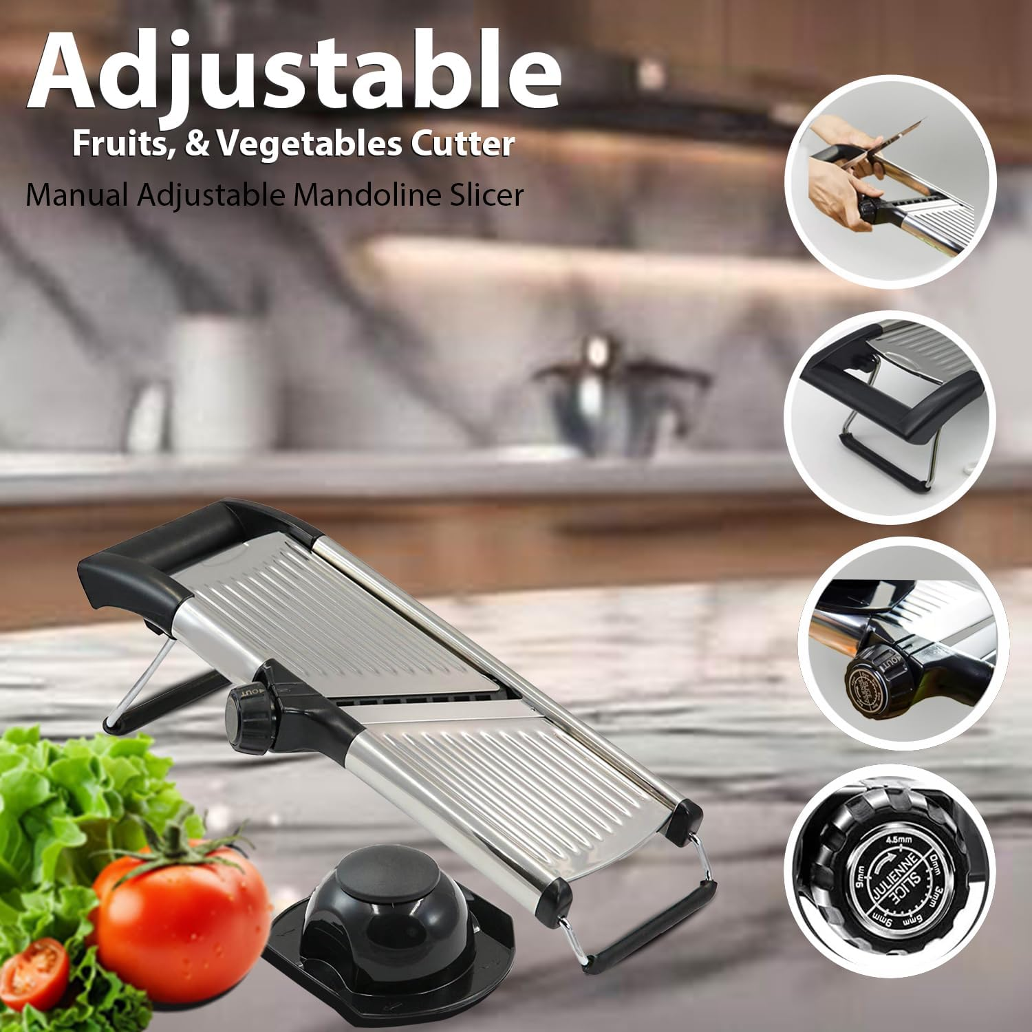 Chef Power High-Quality Mandoline Food Slicer with Stainless Steel Blade - Adjustable Vegetable Slicer - Mandoline Food Cutter with Hand Guard - Vegetable Slicers for Kitchen (Silver/Black) image number 5