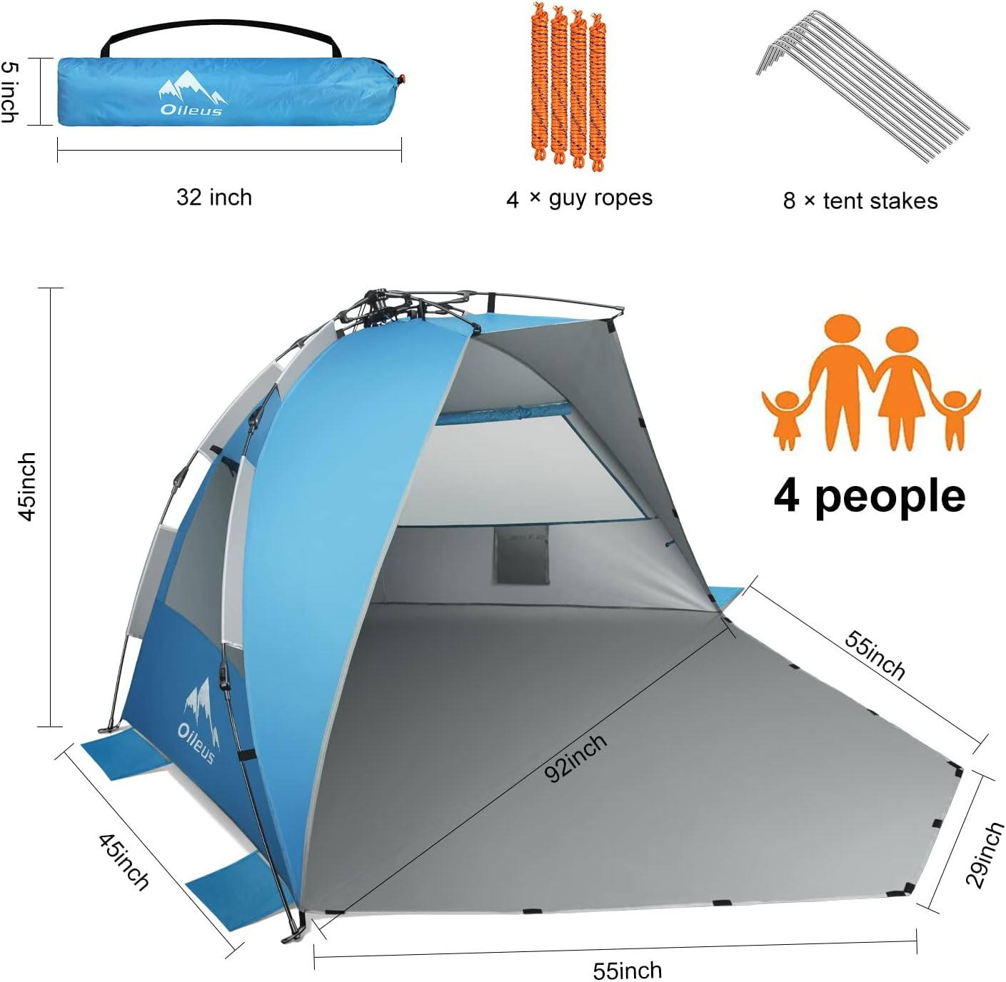 Oileus X-Large 4 Person Beach Tent Sun Shelter - Portable Sun Shade Instant Tent for Beach with Carrying Bag, Stakes, 6 Sand Pockets, anti UV for Fishing Hiking Camping, Waterproof Windproof image number 5