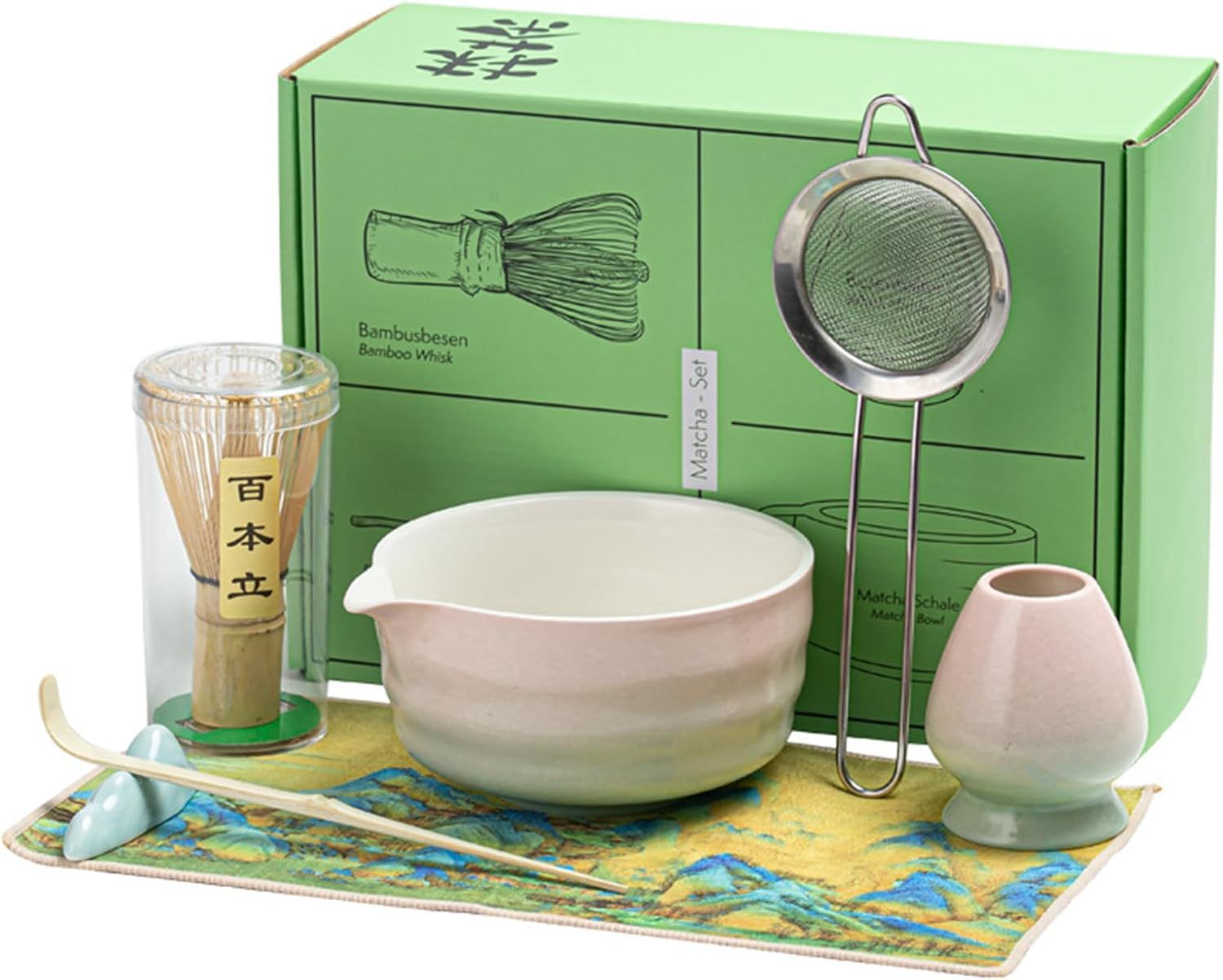 Matcha Whisk Set, Matcha Bowl with Spout, with Handcrafted Bamboo Whisk Matcha Scoop Matcha Stand Matcha Bowl and Stainless Sifter, for Matcha Tea Ceremony (7Pcs)