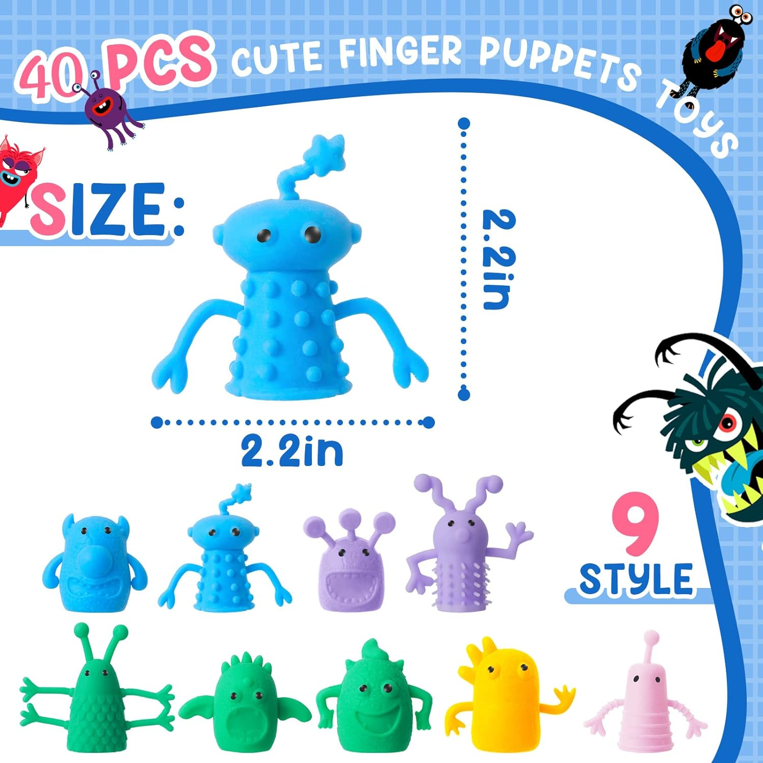40 Pcs Cute Finger Puppets Toys Finger Toys of Monster Pattern Soft Rubber Finger Puppet Mini Stretchy Fidget Toy Finger Doll Toys Tiny Prank Set for Role Playing Birthday Party Favor, 9 Random Styles image number 6