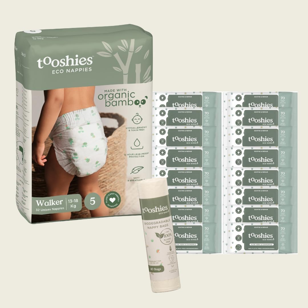 Tooshies Eco Nappies Size 5 Walker 13-18KG, 64 Count, White + Tooshies Aloe Vera & Chamomile Eco Wipes, Pack of 1120 (16X70 Packs) + Tooshies Biodegradable Nappy Bags 40Pk, Green image number 4