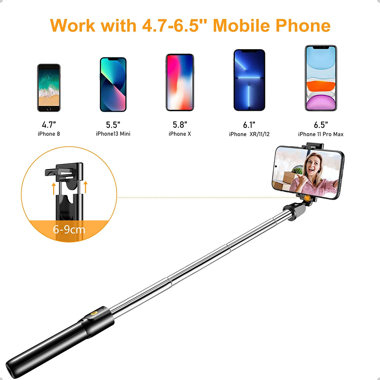 Gritin Selfie Stick Tripod, 3 in 1 Bluetooth Selfie Stick with Detachable Wireless Remote & Stable Tripod Stand, Extendable and Portable Selfie Stick Compatible With/Galaxy, Etc. image number 6