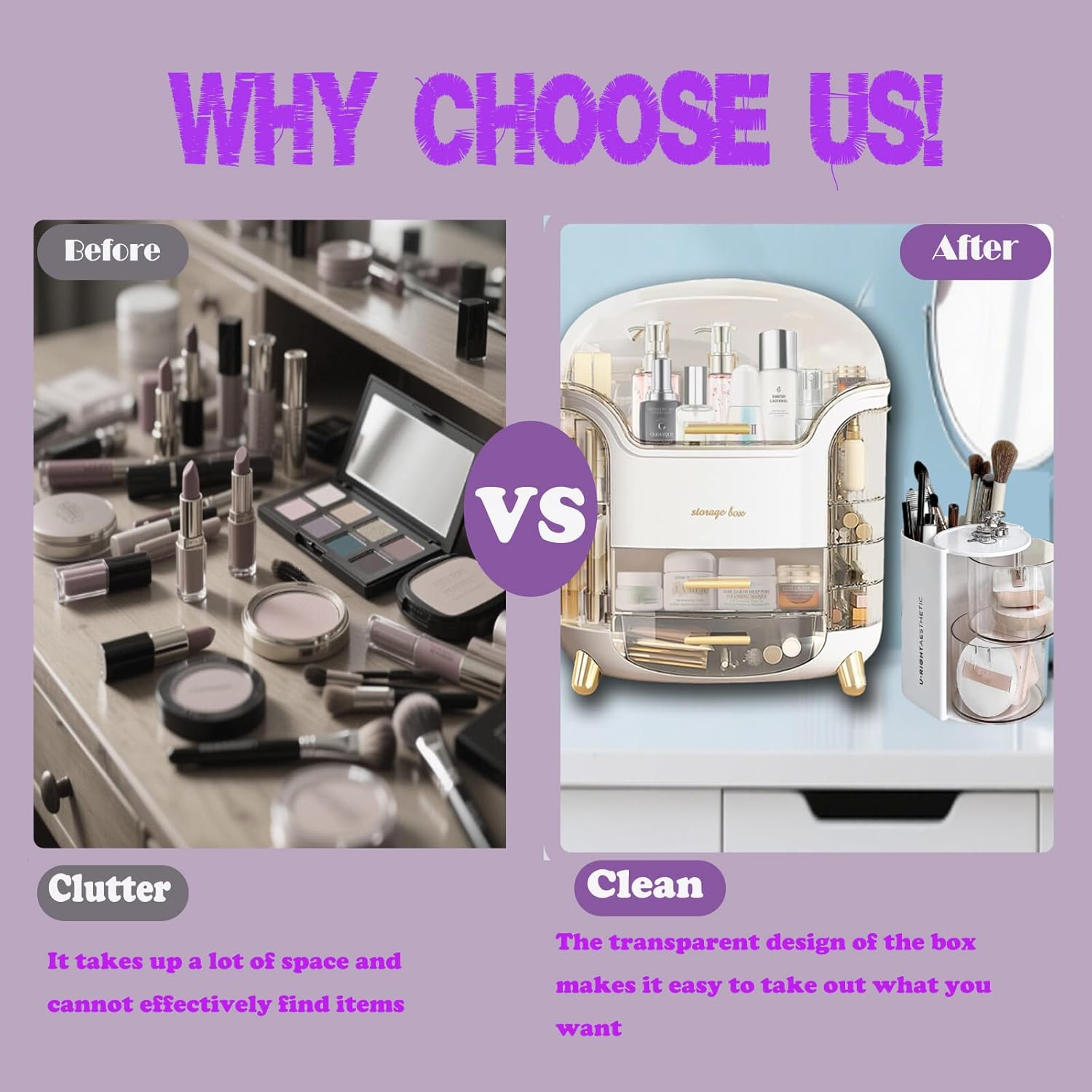 Portable Make up Case Dustproof Cosmetic Storage, Skin Care Products Jewelry Organizer Lipstick Boxcomes with Powder Puff Storage Box and Silicone Washer(White image number 1