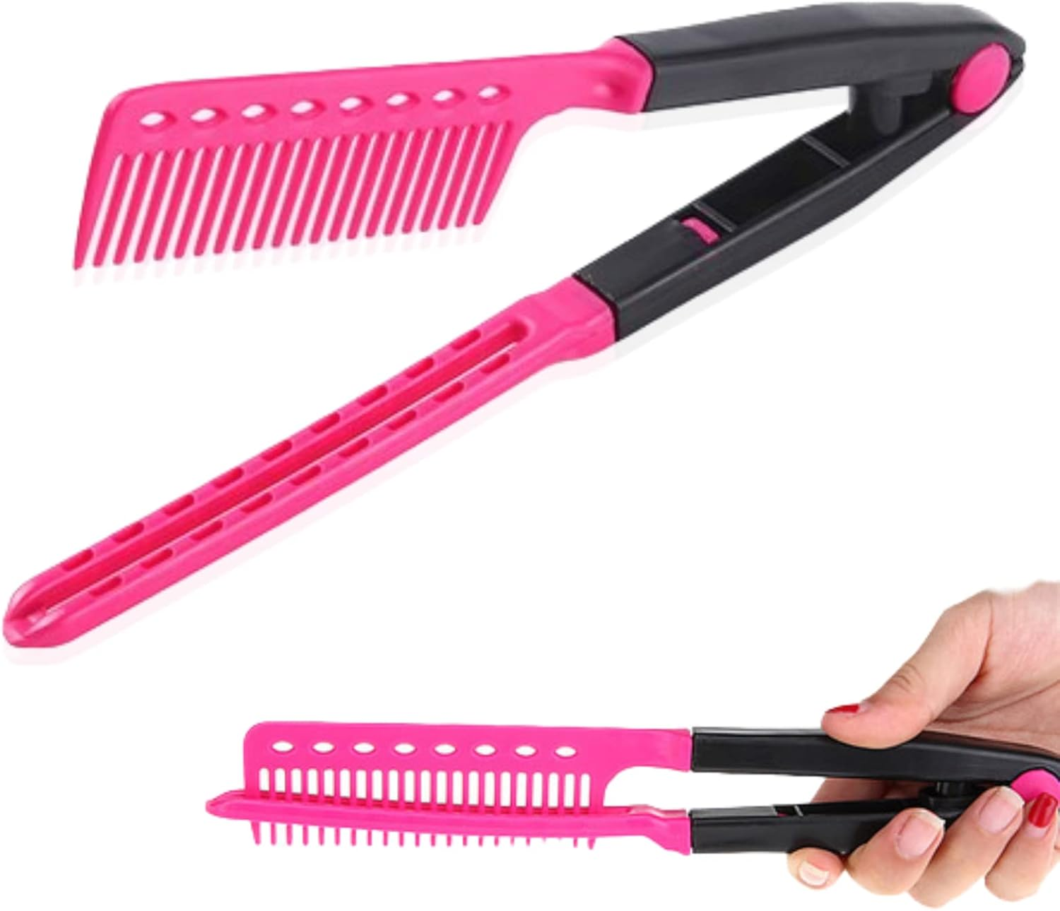 Hair Straightening Comb Haircut Anti-Static V Shape Comb Clip Clamp Hairdressing Styling Tools(Rose Red) image number 2