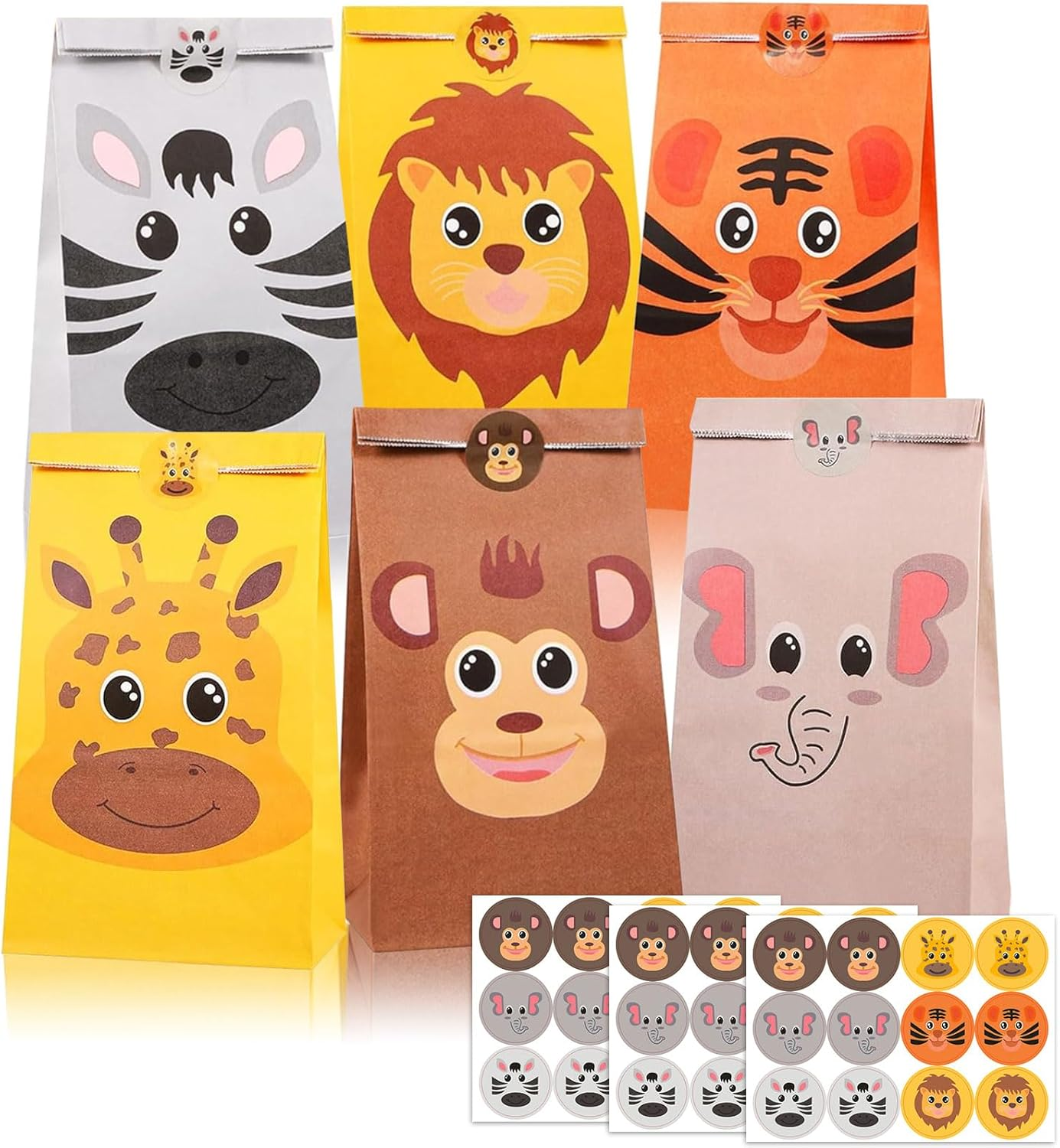 32 Pack Jungle Animal Party Favor Bags for Kids Birthday, Animals Goodie Bags with 36 Stickers, Zoo Gift Lolly Bags for Boys Girls, Baby Shower, Classroom, Animal Theme Party Supplies, 21X13X8Cm