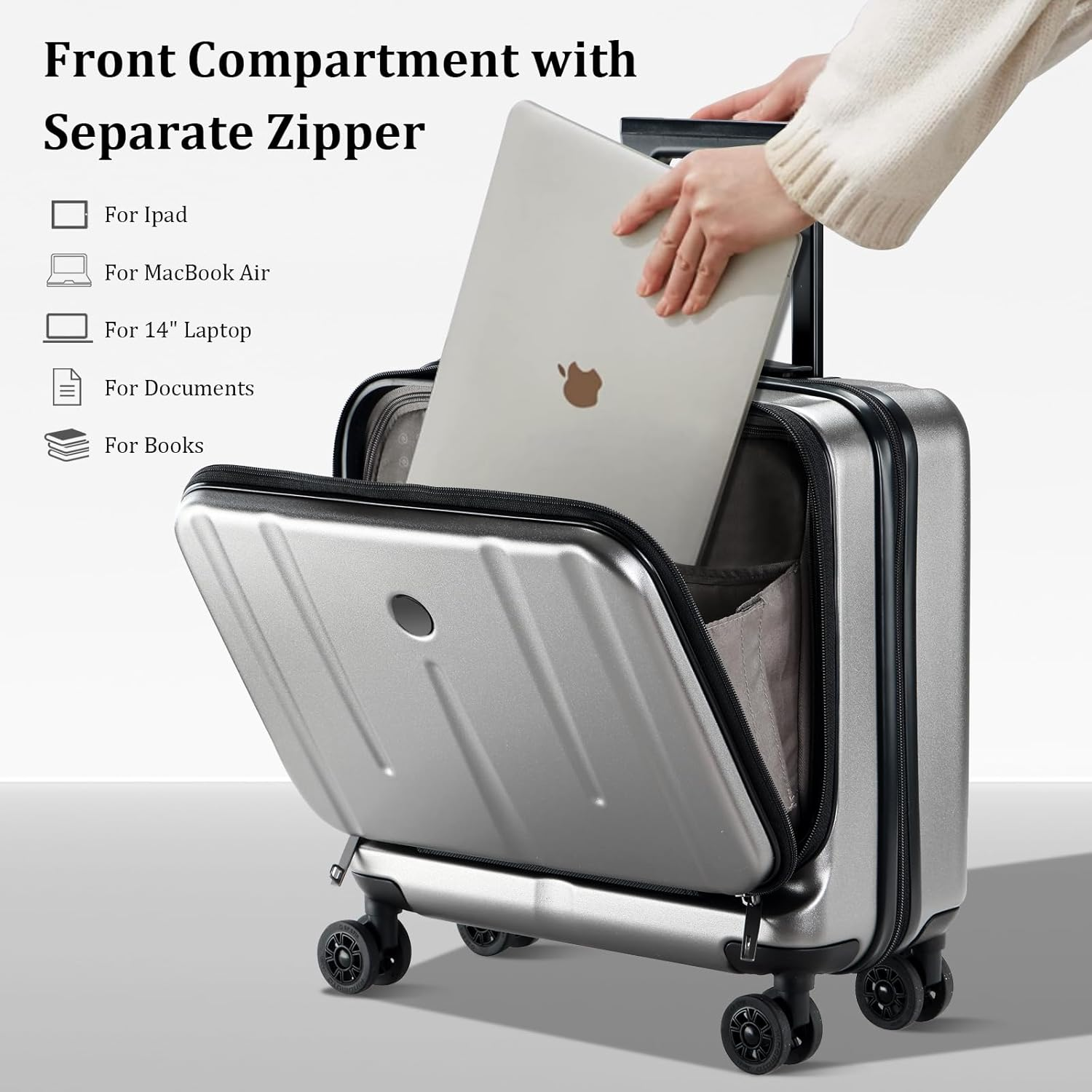 16 Inch Carry on Luggage with 2 Compartments for 14&rdquo; & 15&rdquo; Laptop, 16.14 * 8 * 17.12&rdquo; Rolling Briefcase, Lightweight Hardshell ABS+PC Suitcase with Spinner Silent Wheels, for Business Trip, Dark Gray image number 4