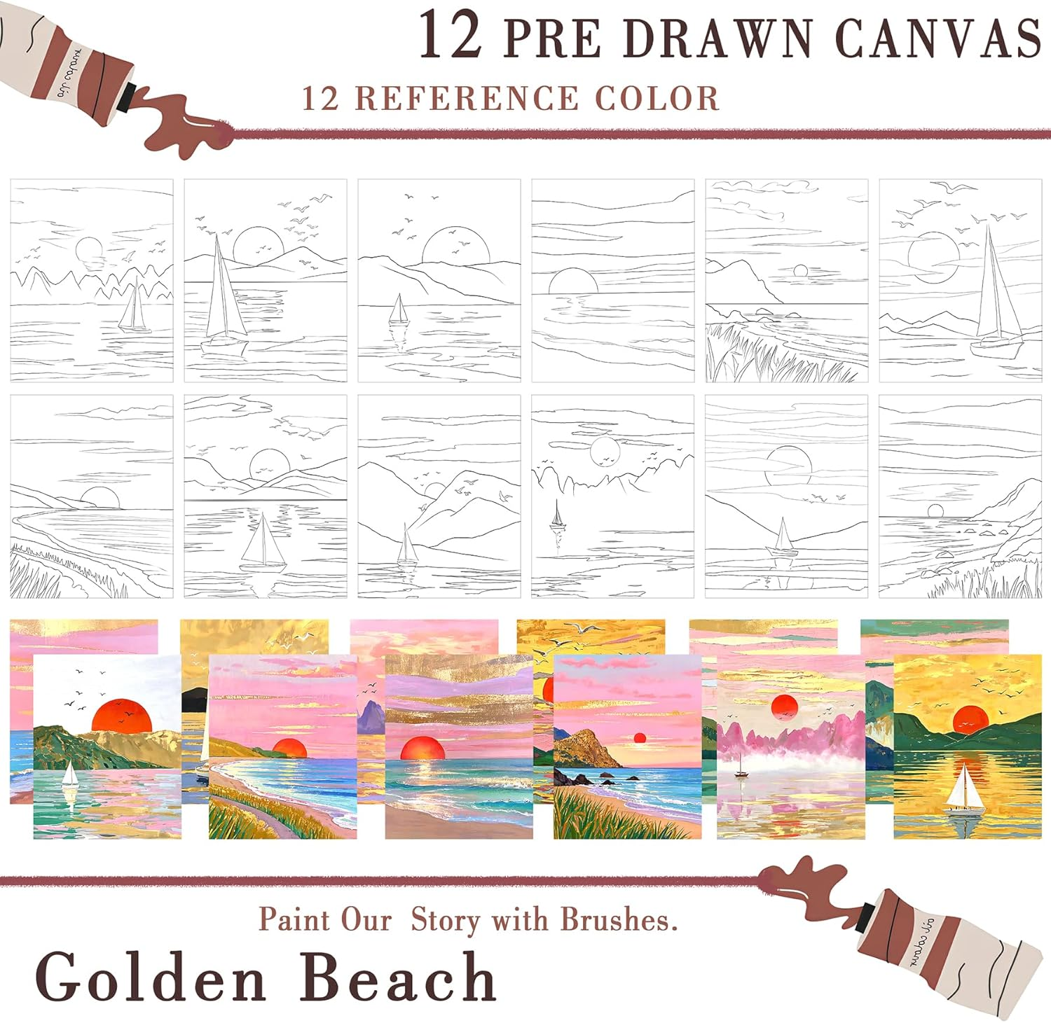 QUANWAISJ 12-Pack 10''X12''Sip and Paint Kit for Adults, Girls' Night Pre-Drawn Canvas,Painting Kits for Adults, Party Supplies, DIY Craft (Golden Beach) image number 1