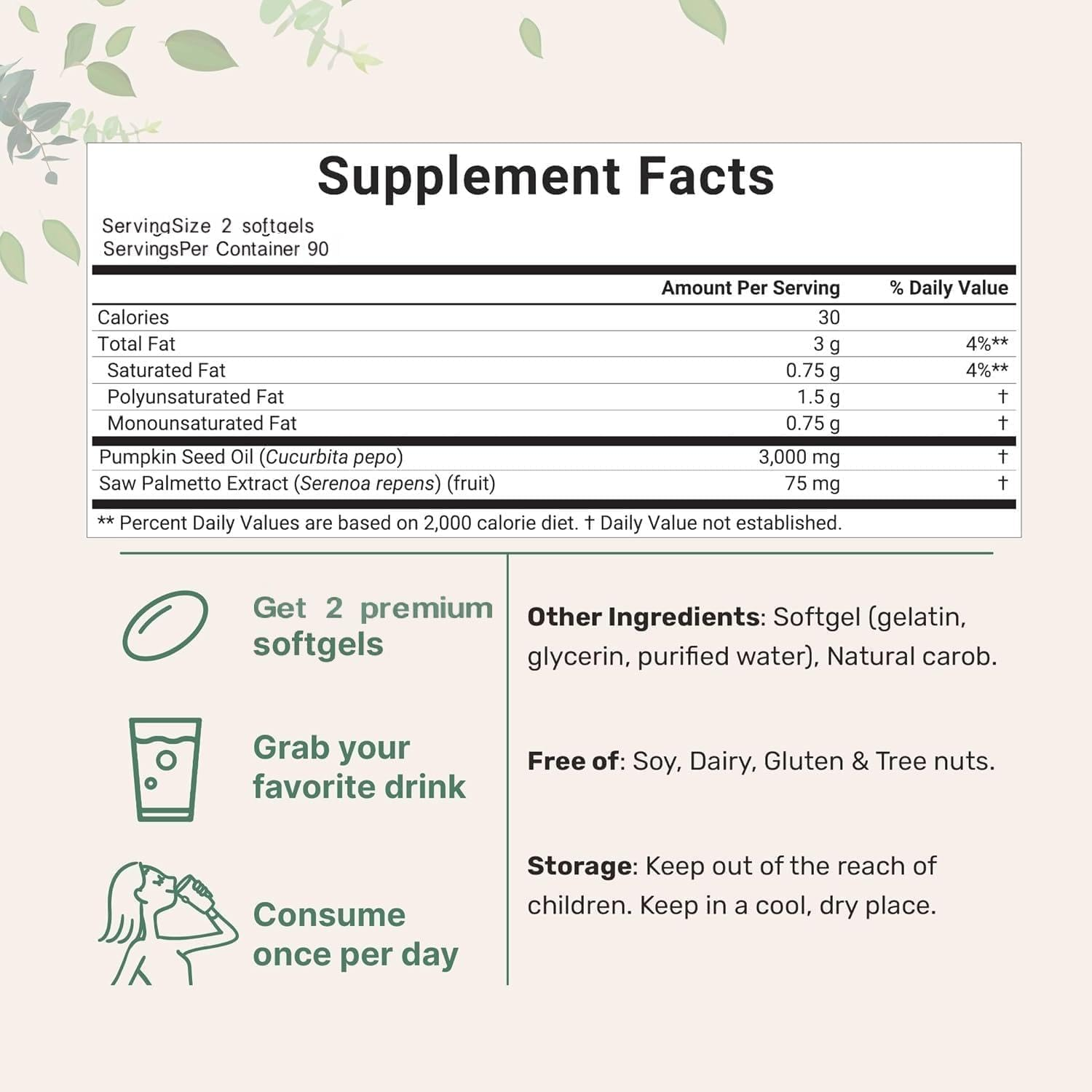 Pumpkin Seed Oil Capsules with Saw Palmetto &ndash; 3000Mg Cold-Pressed Blend for Hair Growth, Prostate & Urinary Support &ndash; Non-Gmo Herbal Supplement (180 Softgels) image number 3