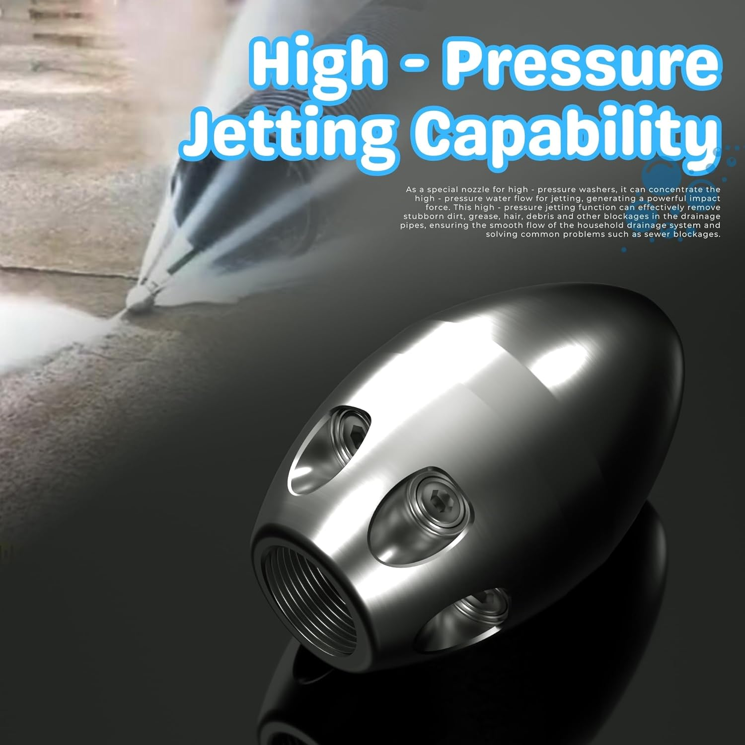 3/8'' Sewer Jetter Nozzle, High-Pressure Drain Cleaning Tool for Pressure Washer, Stainless Steel Pressure Washer Pipe Jetter for Drains & Pipes, 40L/Min Flow Rate & 1000Kg Pressure Range image number 1
