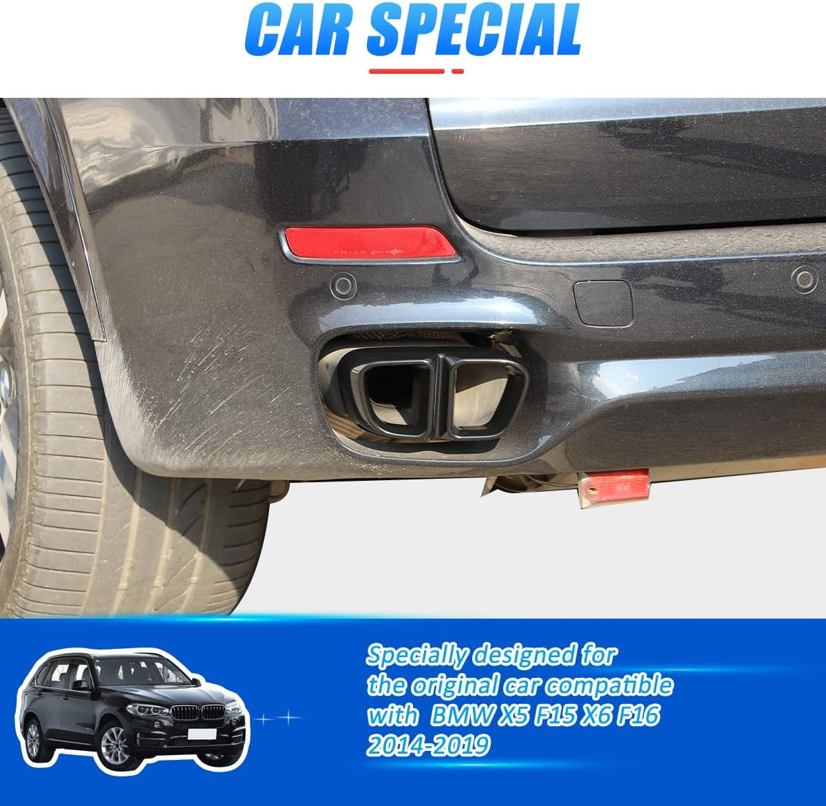 Aluminum Alloy Exterior Accessories Exhaust Muffler Tail Pipe Trim Cover for BMW X5 F15 X6 F16 2014-2019(Suitable for M Sports Version) (Bright Black) image number 5