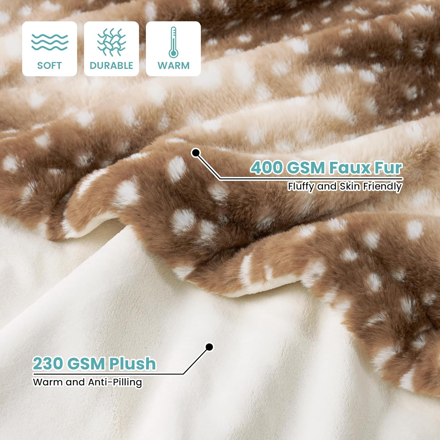COZY KISS Soft Faux Fur Blanket for Woman Sofa Bed Couch, Liquid Pee Proof Throw for Large Dog or Cat, Waterproof Pet Blanket, Reversible Washable Plush, Double Sided, 50X60 In, Brown Deer Print image number 7