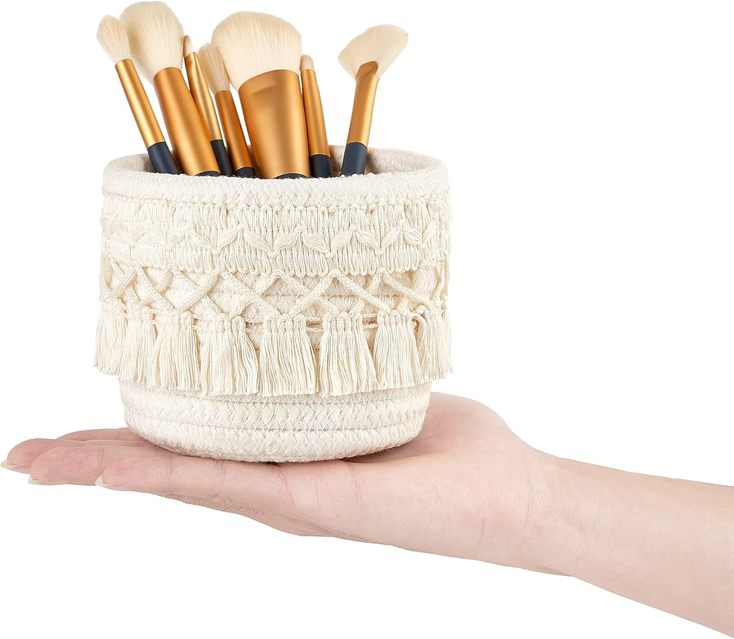 PAOFUFUI 2 Pcs Macrame Makeup Brush Holder Organizer Comb Brushes Mini Storage Basket, Boho Decor Baskets for Pen Pencil Box Container (2 Beige)