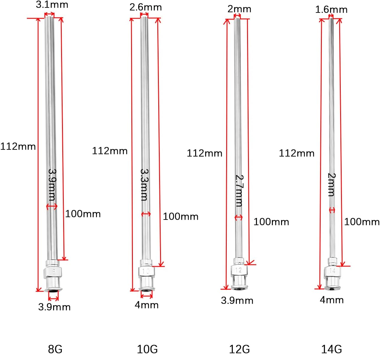 Be in Your Mind 12PCS Stainless Steel Dispensing Needles 112Mm Total Length 8G/10G/12G/14G Blunt Needles for Industrial Use and Experiments Silver