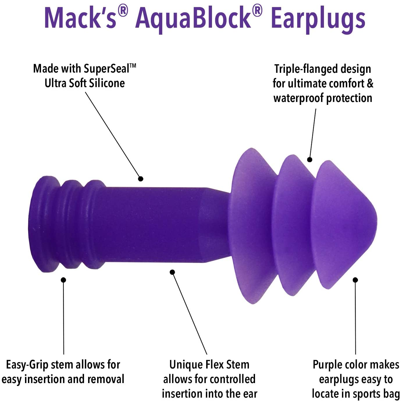 Mack'S Aquablock Earplugs - Comfortable, Waterproof, Ear Plugs for Swimming, Snorkeling and Showering, Unisex-Adult, 12, 2 Pair - Purple, Standard image number 4