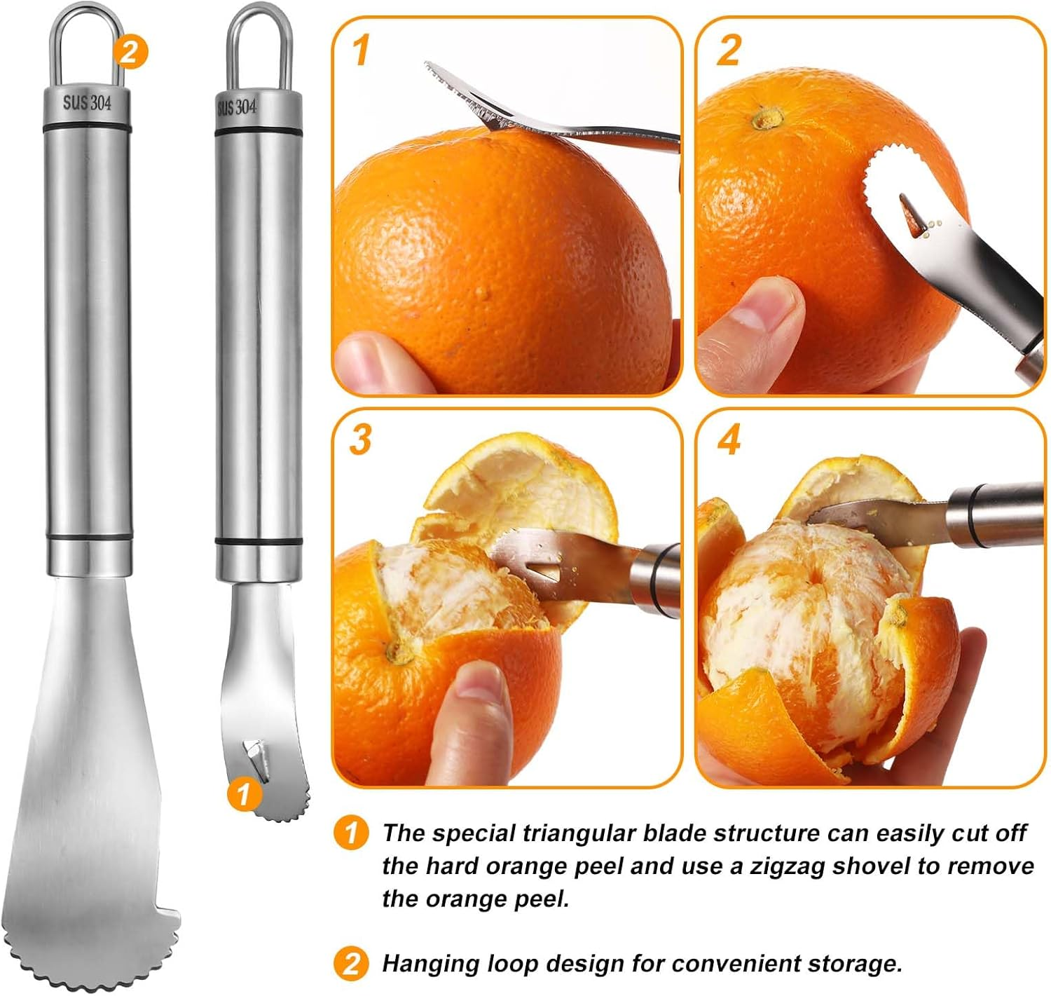 Orange Peeler & Grapefruit Peeler, Stainless Steel Orange Peeler Tool Citrus Peeler Long Handle Orange Pomelo Peeler Tool Fruit Opener Remover for Kitchen Gadget Chef Tools image number 3