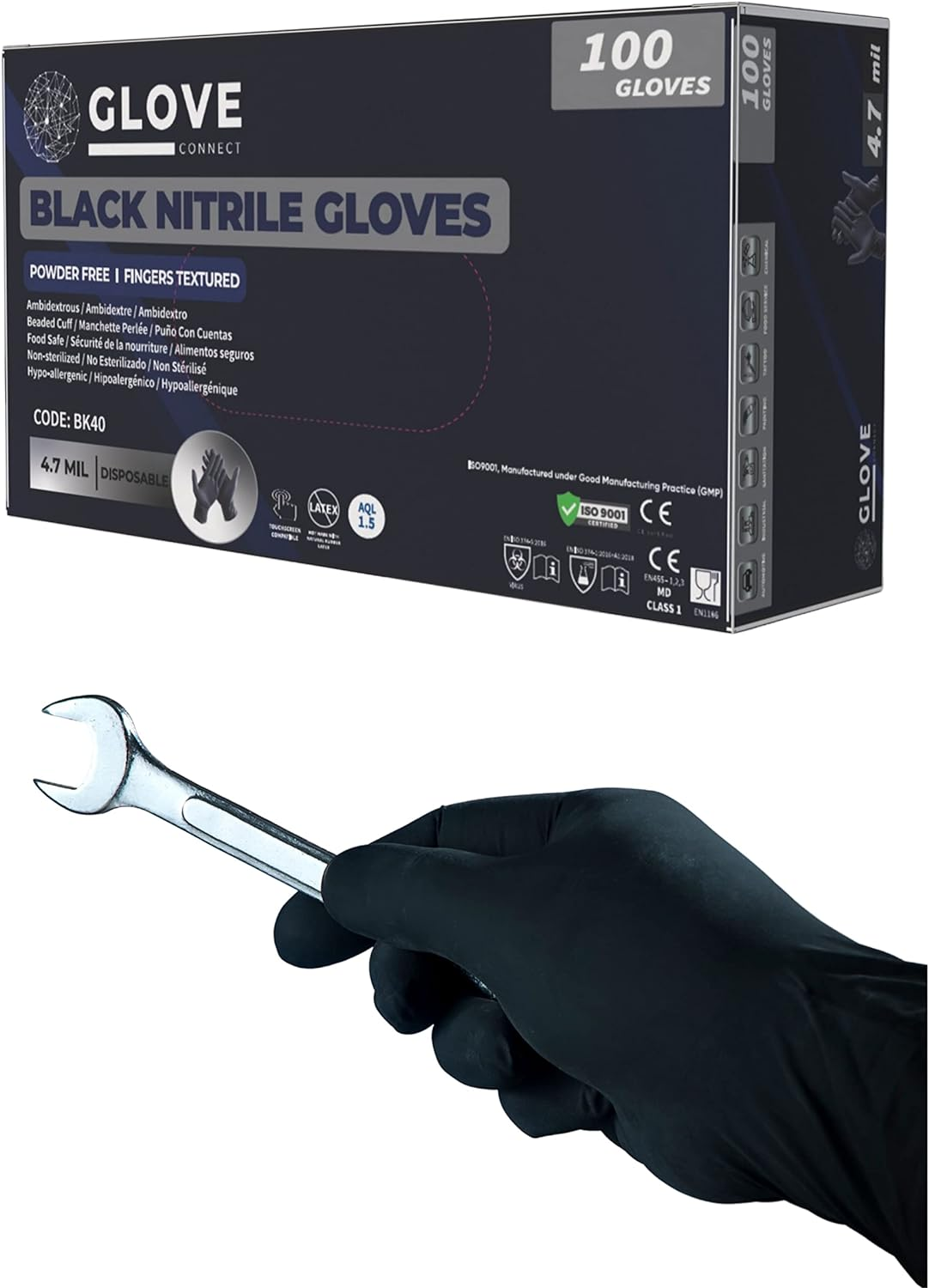 10X Box (1000 Gloves) Glove Connect 6G Black Nitrile Gloves, 4.7 Mil Thickness