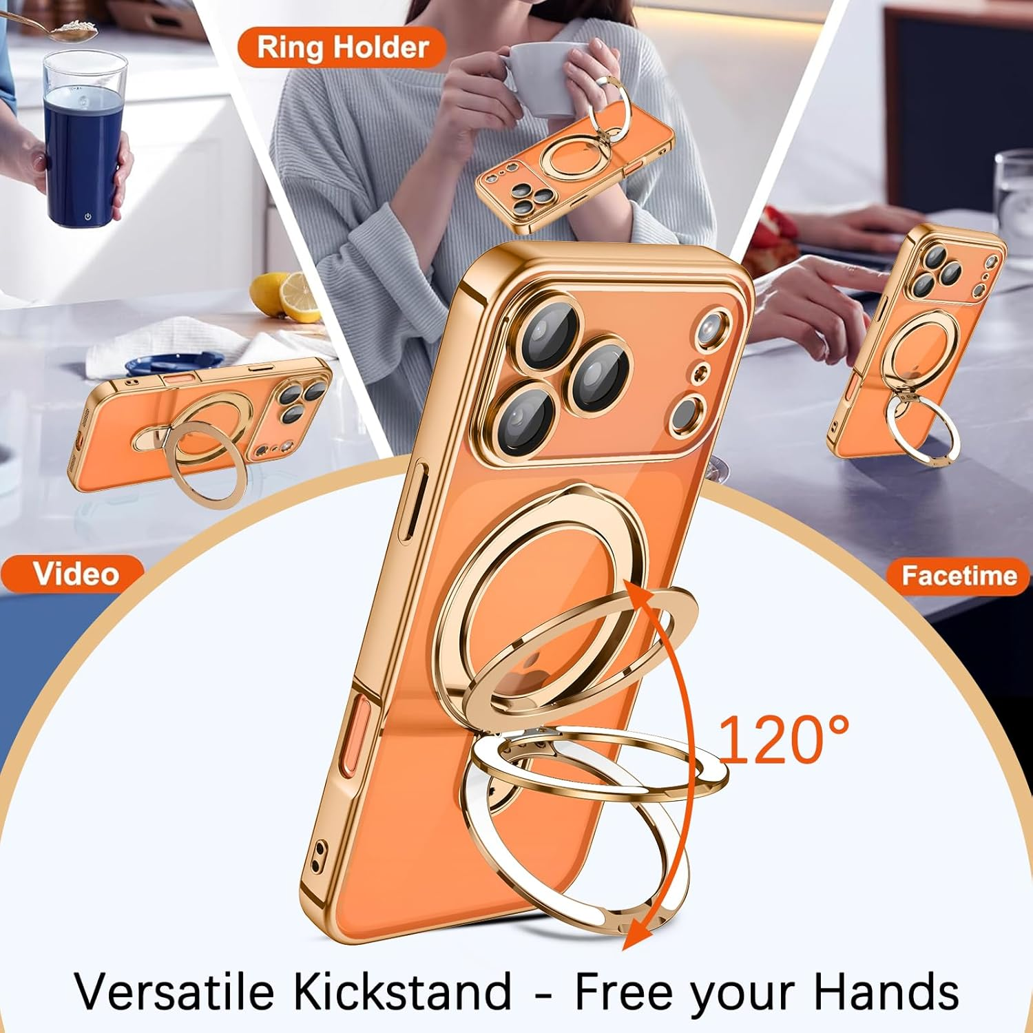 Gaobao Case for Iphone 17 Pro Max, Mobile Phone Case Iphone 17 Pro Max with Invisible Magnetic Ring Stand [Compatible with Magsafe] Coating, Transparent Back Protective Case, Gold image number 1