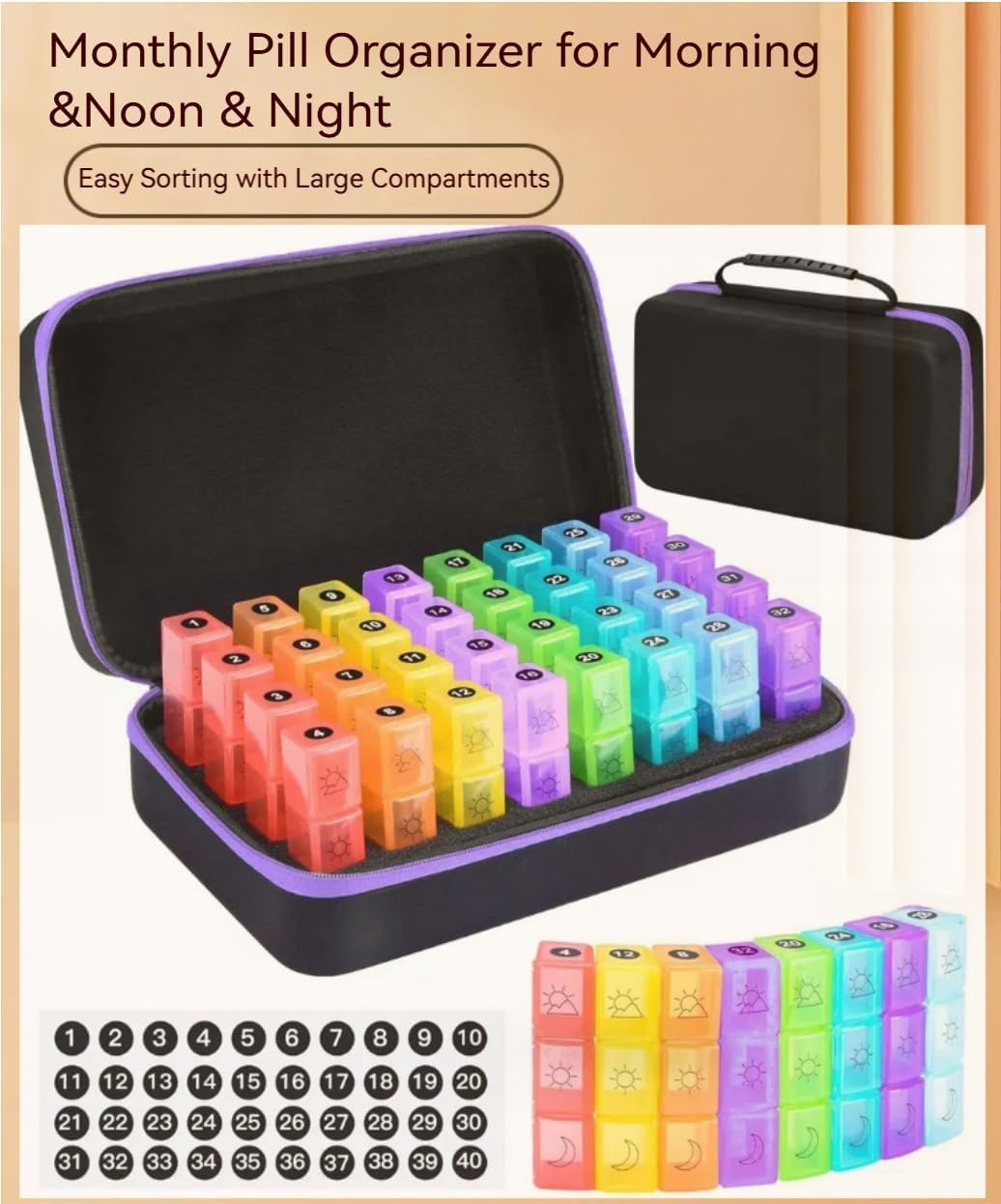 Monthly Pill Organiser & Pill Case 31-Day, 3 Times a Day Medicine Pill Organizer with Hard Shell & Pill Cutter, Weekly & Monthly Stickers image number 5