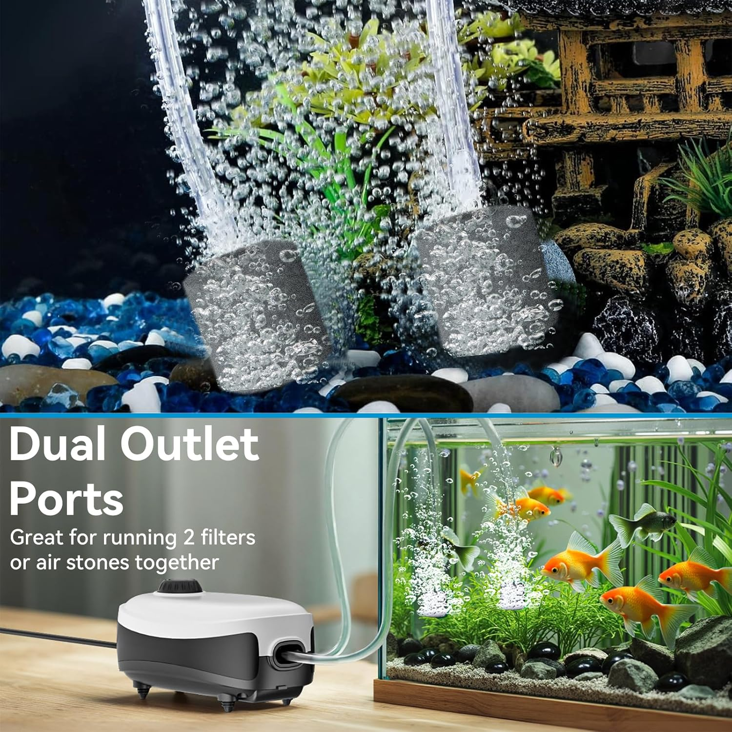 Mosiller Fish Tank Air Pump Dual Outlet - 4W Aquarium Electric Air Pump, Ultra Quiet 5L/Min Oxygen Pump, Adjustable Fish Tank Aerator with with Air Stone Bubbler Accessories for up to 500L image number 6
