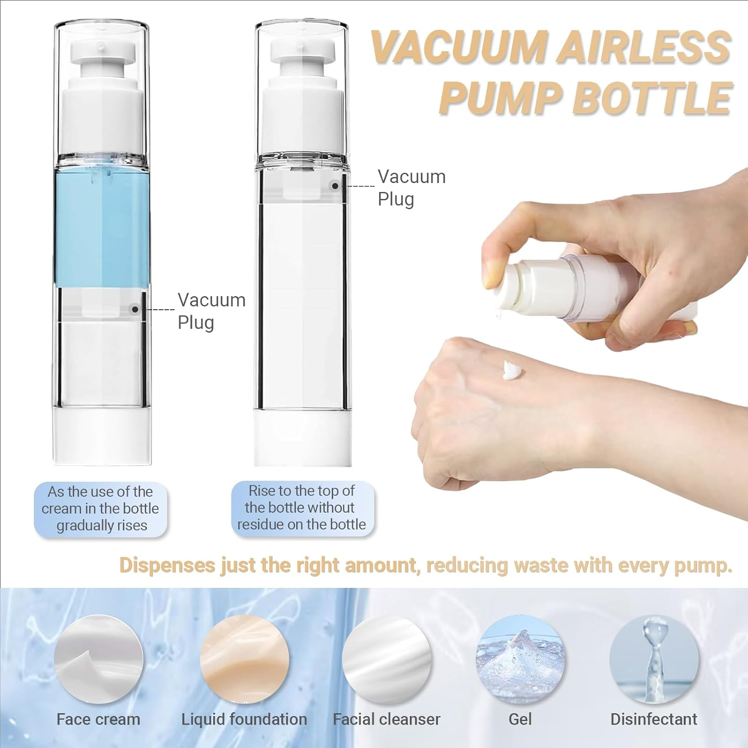 JOWILIN Clear Airless Cosmetic Pump Bottle, 2 Pcs 3.4Oz/100Ml and 2 Pcs 1.7Oz/50Ml Refillable Dispenser Container, Travel Size Empty Lotion Bottle for Perfume, Foundation, Shampoo, Liquid Etc (4 Pcs) image number 3