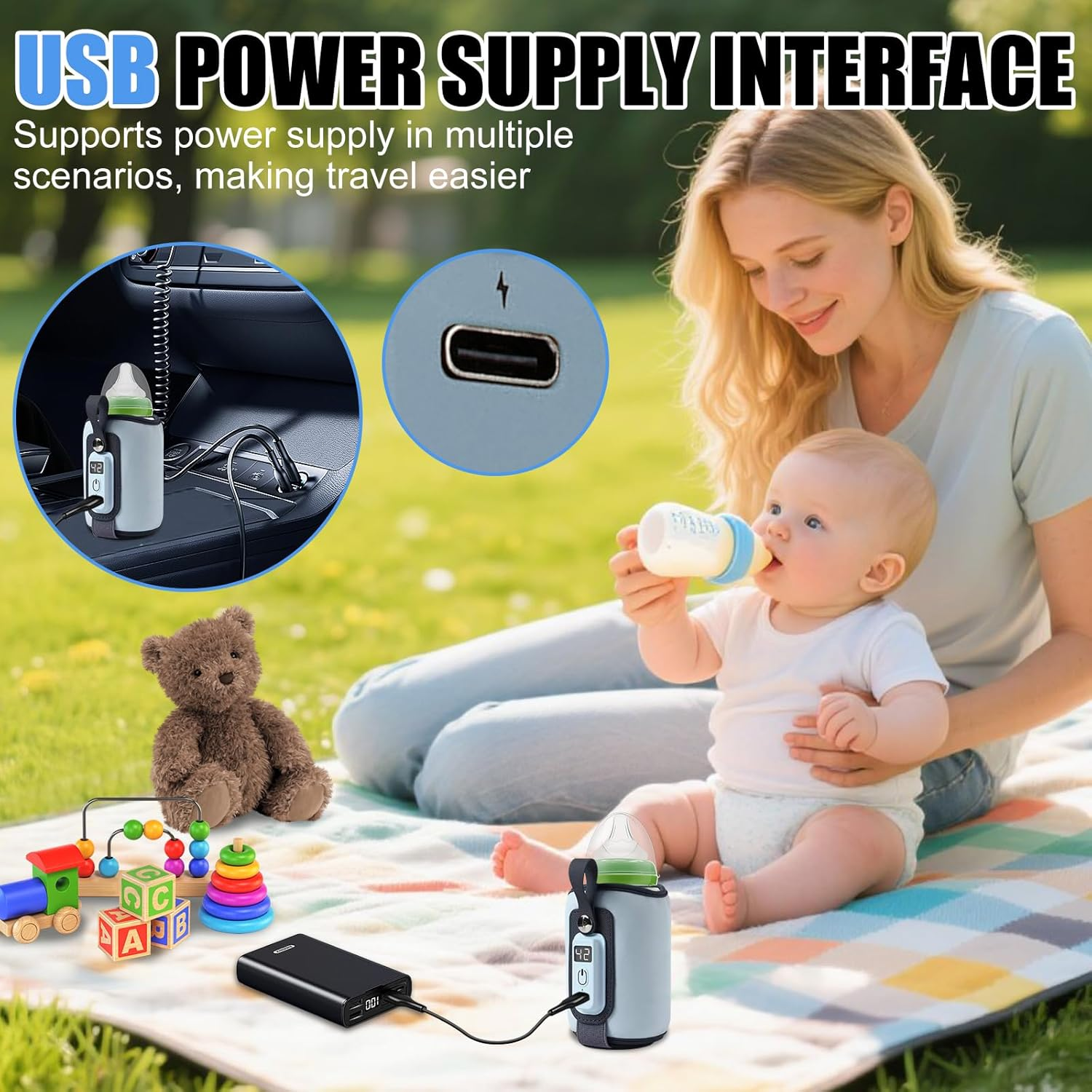 Baby Bottle Warmer Portable,Milk Warmer 5-Speed Temperature Adjustment,Usb-C Charging,Adjustable Velcro,Easy to Clean,Suitable for Most Baby Bottles,Blue image number 1