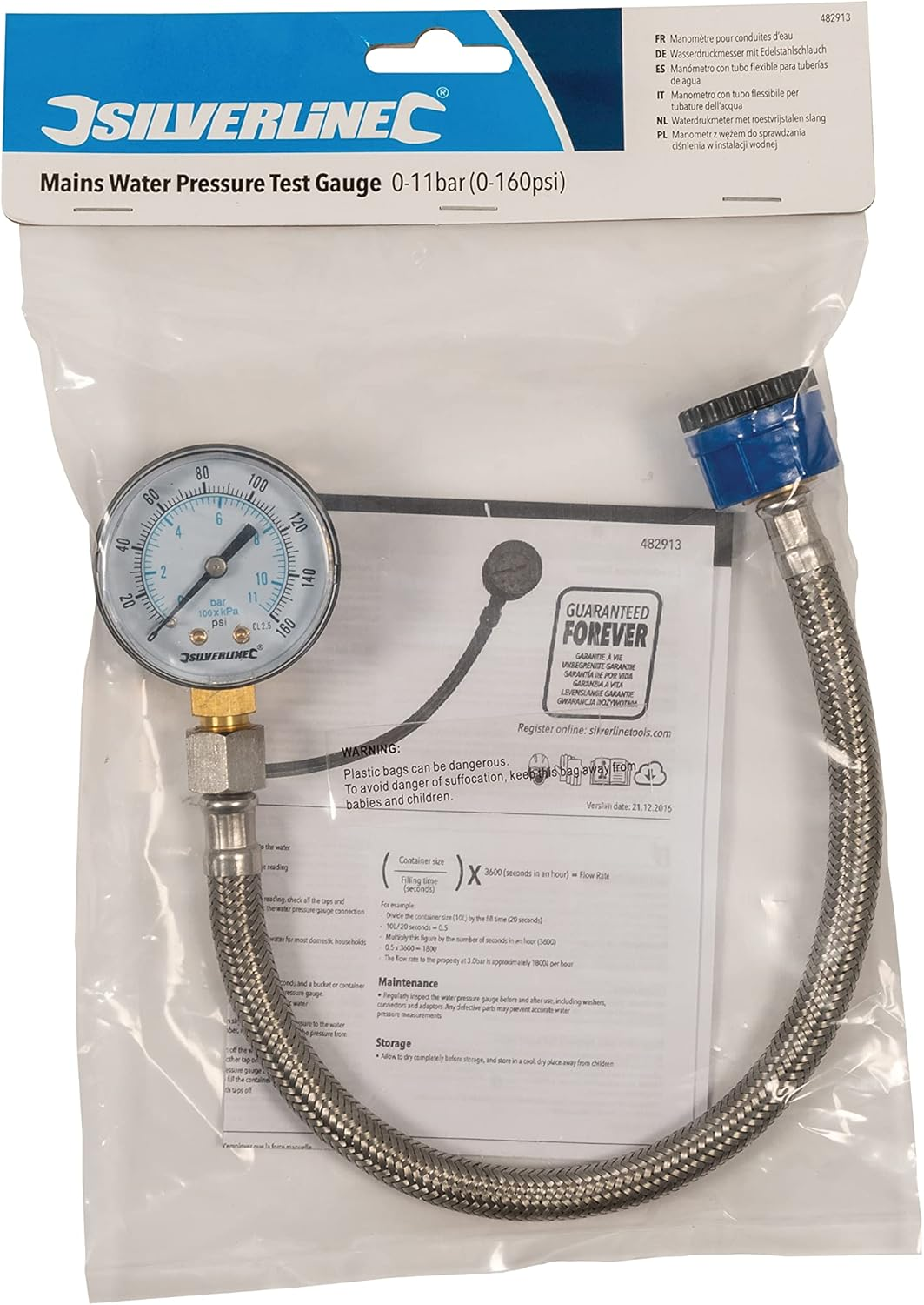 Silverline Mains Water Pressure Test Gauge 0-11Bar (0-160Psi) (482913), Silver