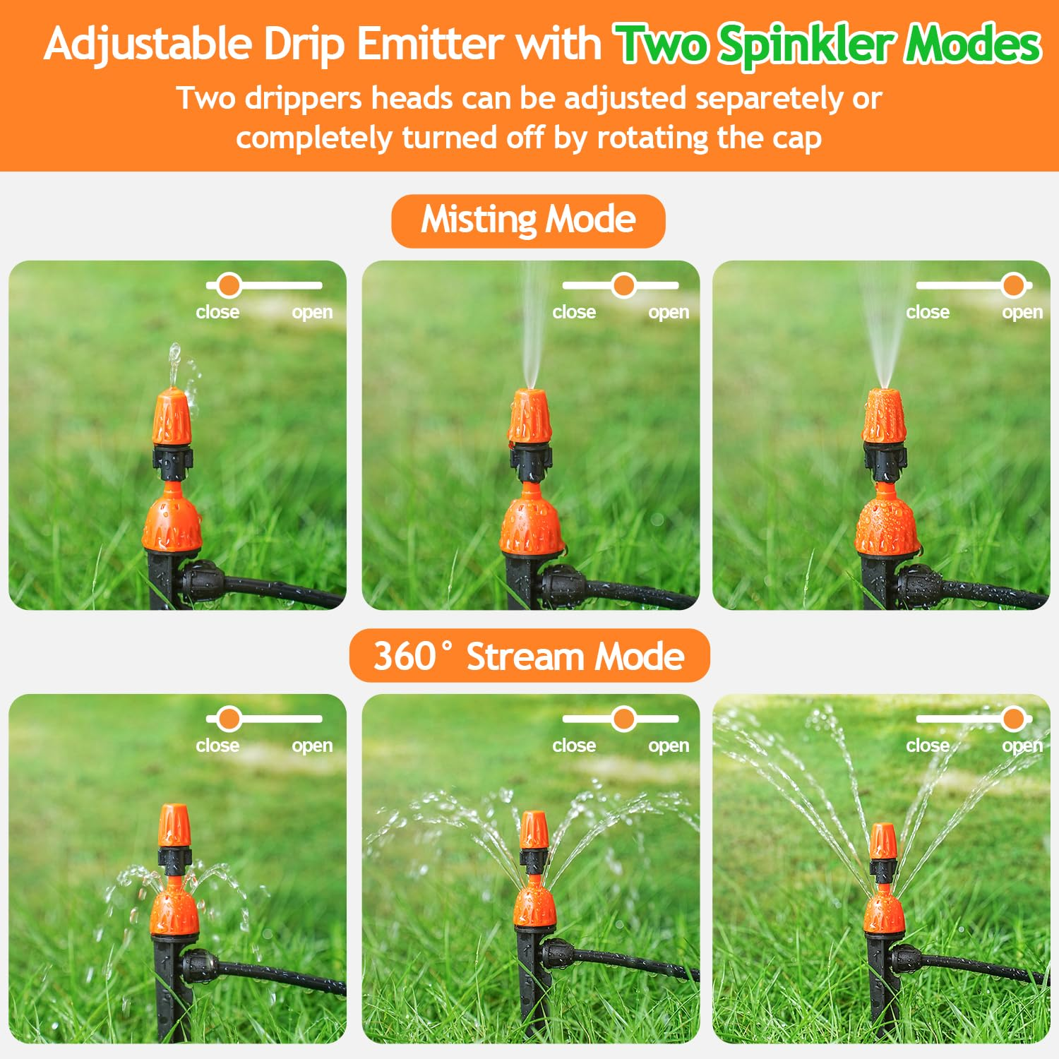 2 in 1 Drip Irrigation Emitters and Atomizing Nozzle for 1/4" Drip Irrigation Tubing, 25 Pcs Adjustable 360 Degree Water Flow Drippers Sprinklers Fittings for Garden Watering System image number 2