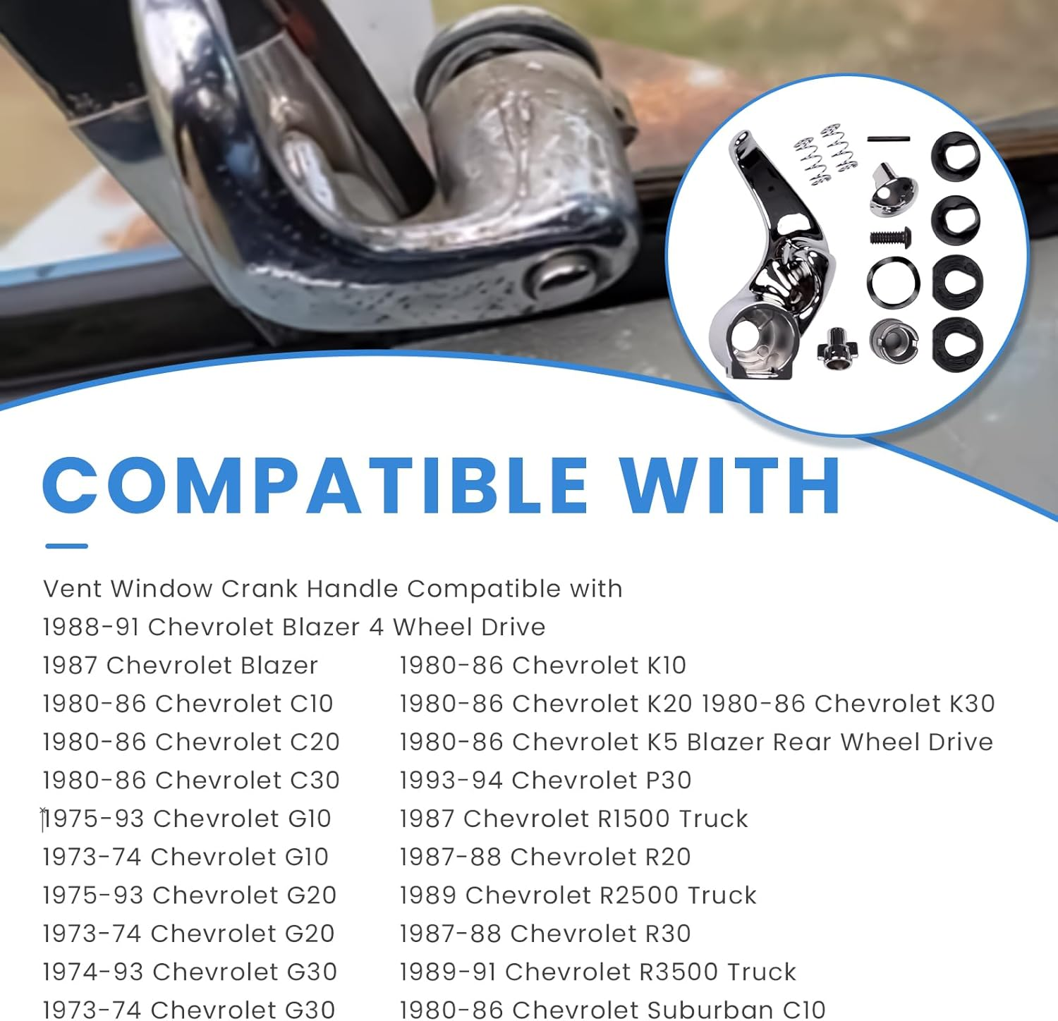 Left Locking Vent Window Handle Chrome Kits Compatible with Chevy GMC Blazer Jimmy Suburban 1973-1994(For Blazer C10 C1500 C20 C2500 C30 C3500 Truck,Jimmy K10 K1500 K20 K2500 K30 Truck) image number 2