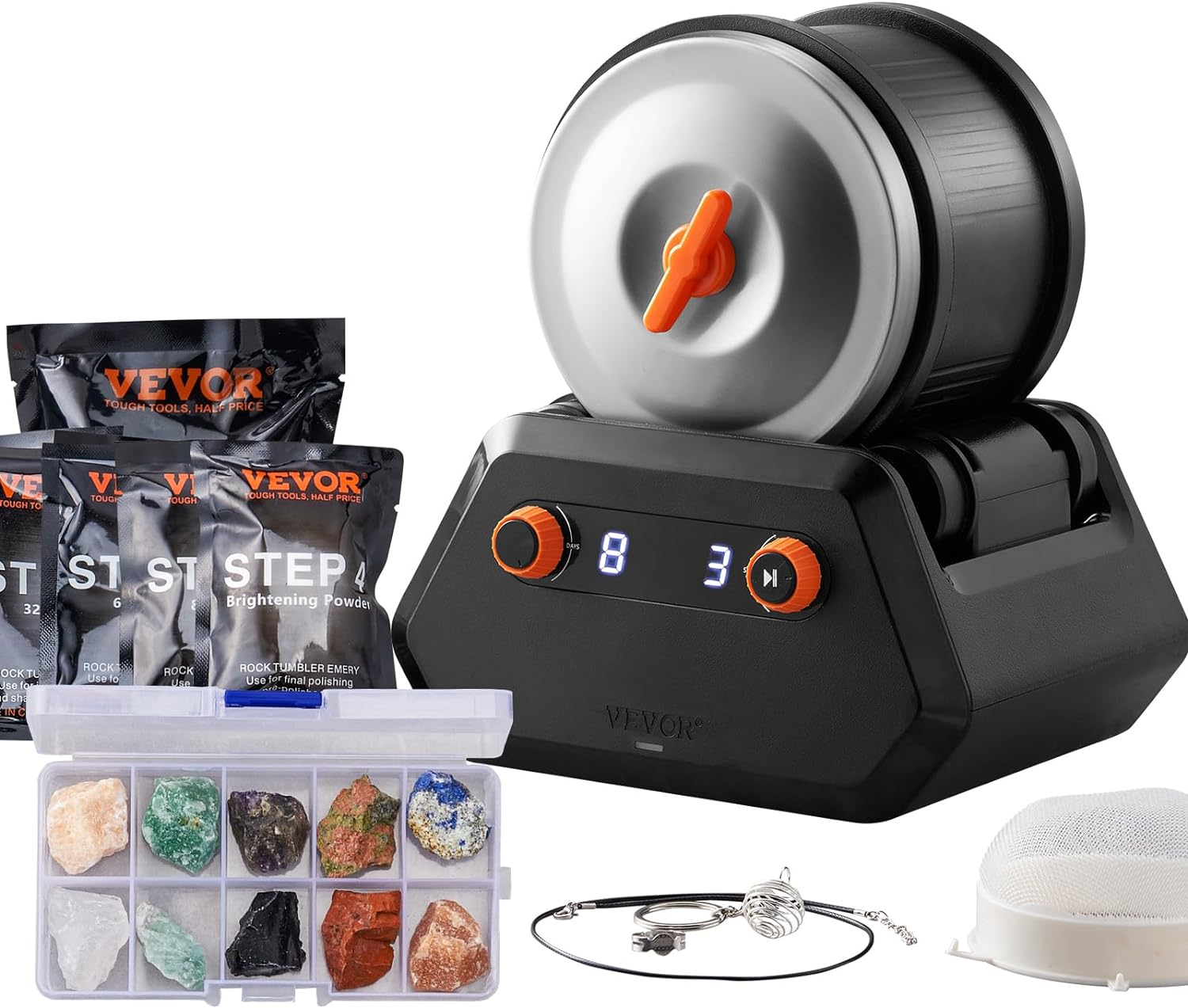 VEVOR Direct Drive 3LB Rock Tumbler Kit, 4-Speed/9-Day Timer,Professional Rock Polisher with Rough Gemstones/Grits/Jewelry Fastenings,Stone Polishing Kit for Family Fun Time,Stem Adults Kids image number 4