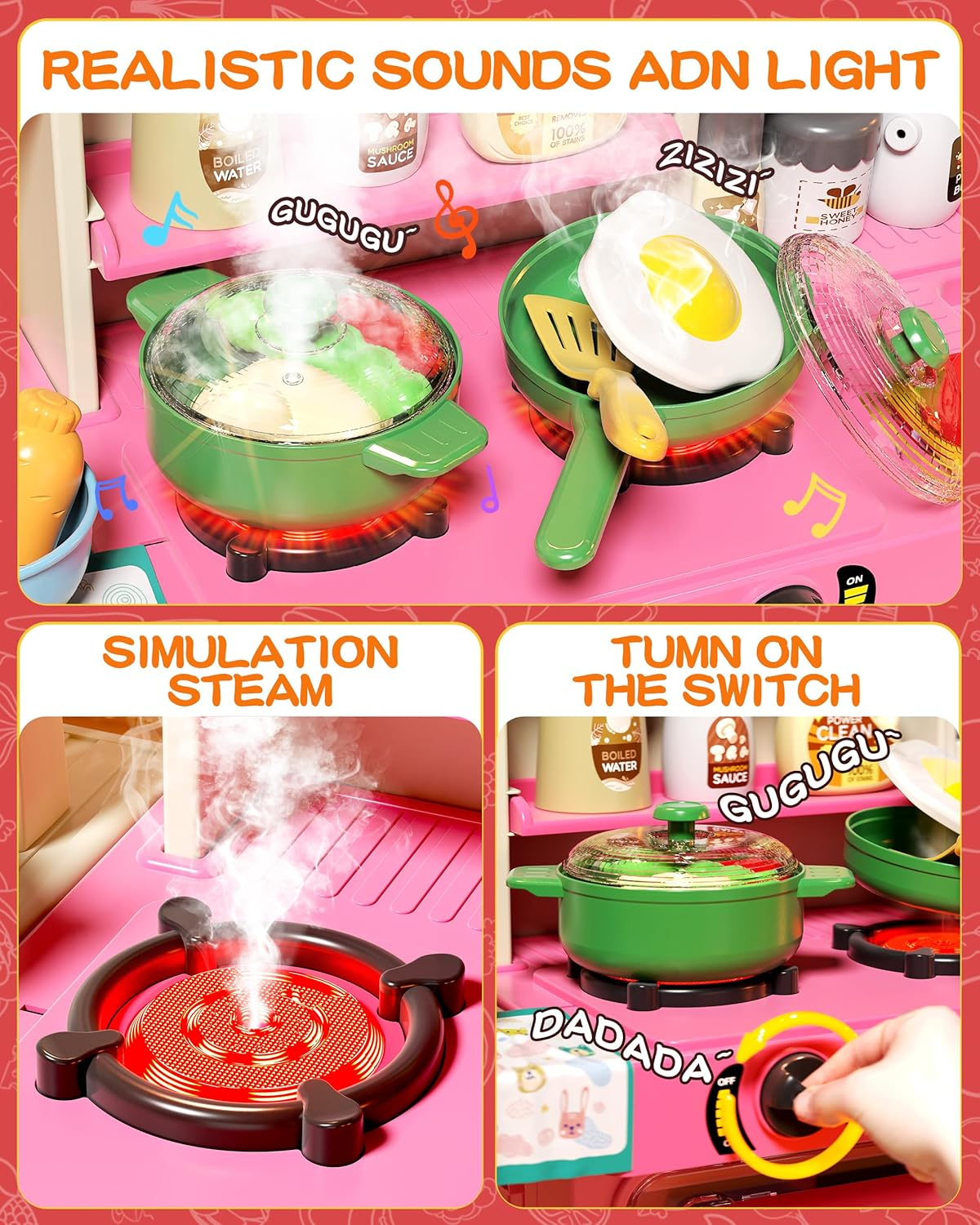 70PCS Kids Kitchen Playset with Sound & Light - Cooking Stove with Steam, Play Sink and Toy Kitchen Accessories - Pretend Kitchen Play Food Toys for Kids Boys Girls - Toddler Play Kitchen Set image number 1