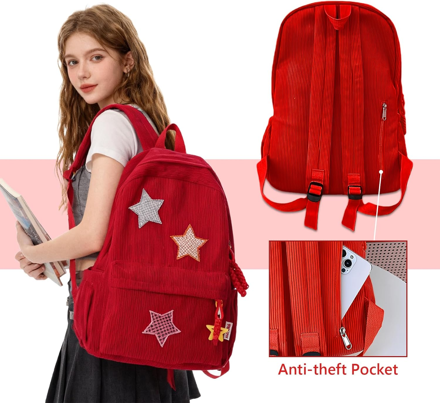 Taolivingmart Corduroy Backpack with Star Pattern, Trendy and Versatile, Fits 14'' Laptop Large Capacity Daily Commute - Beige image number 4