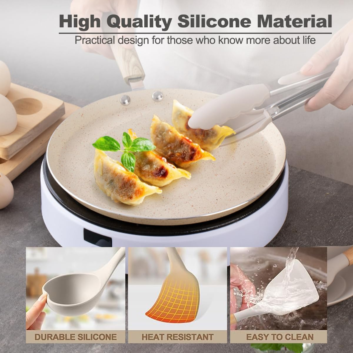 Kitchen Utensil Set（33- Piece）,446&deg;F Heat Resistant, Non-Stick Cookware,Multi Functional Silicone Cooking Utensils Set with Wooden Handles for Cooking, Baking（Khaki） image number 1