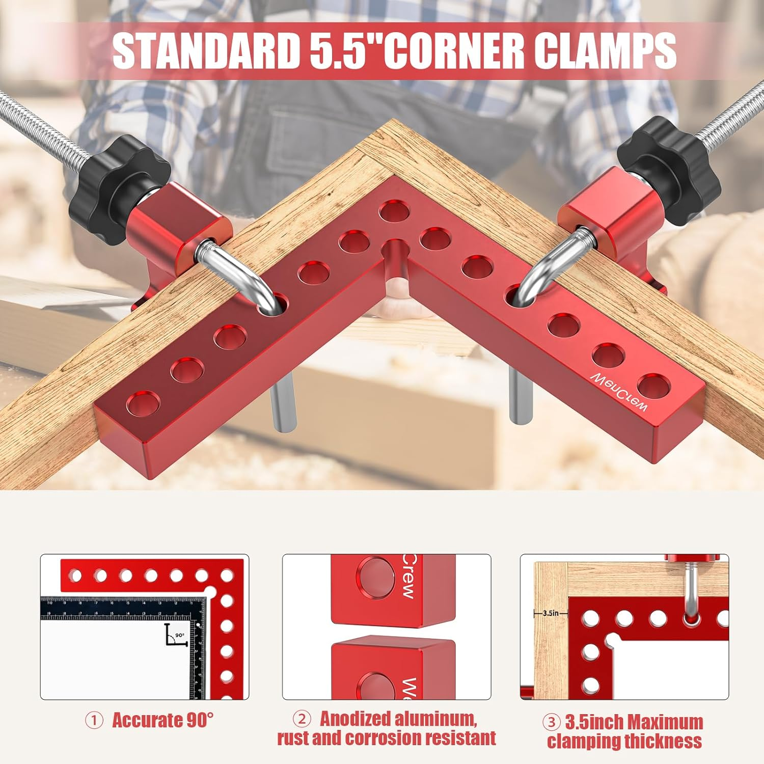 Corner Clamps for Woodworking, Wencrew 4 Pack 90 Degree Right Angle Clamp, 5.5" Aluminum Clamping Squares Woodworking Tools for Cabinets, Drawers, Frames, DIY Projects, Gifts for Men Dad - 5.5" - 4 Pack image number 6